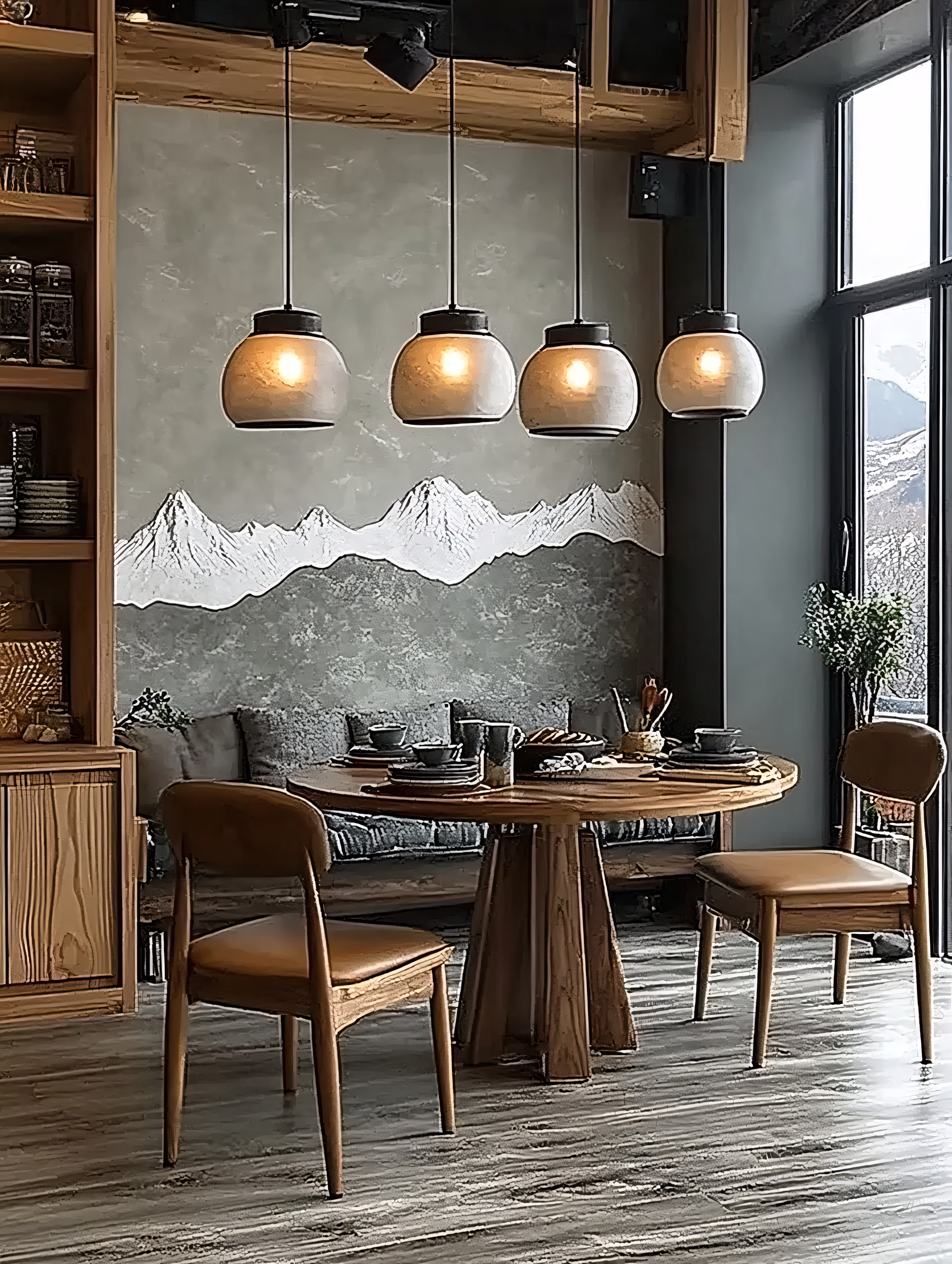 Modern Dining Area with Mountain Mural