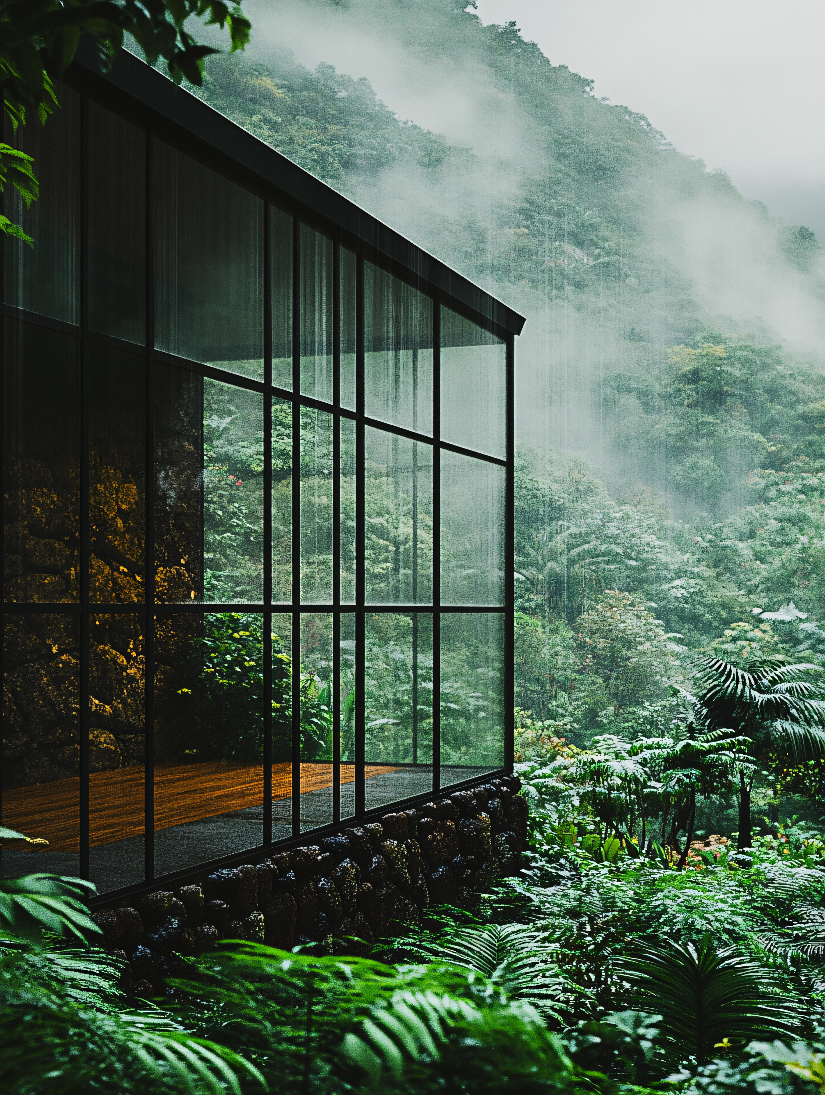 Modern Glass House in Rainforest Rain