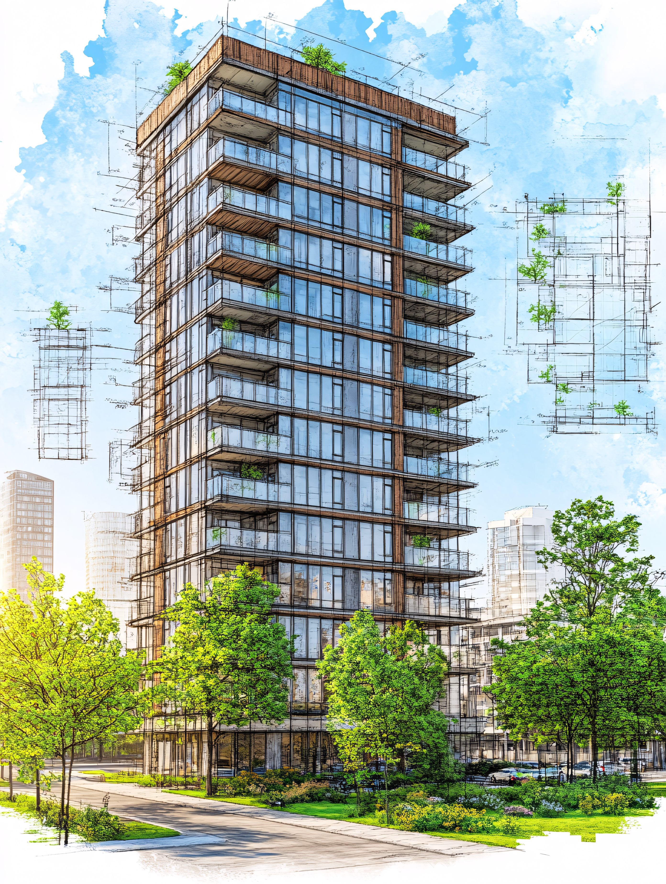 Modern High-Rise Building with Watercolor Sky