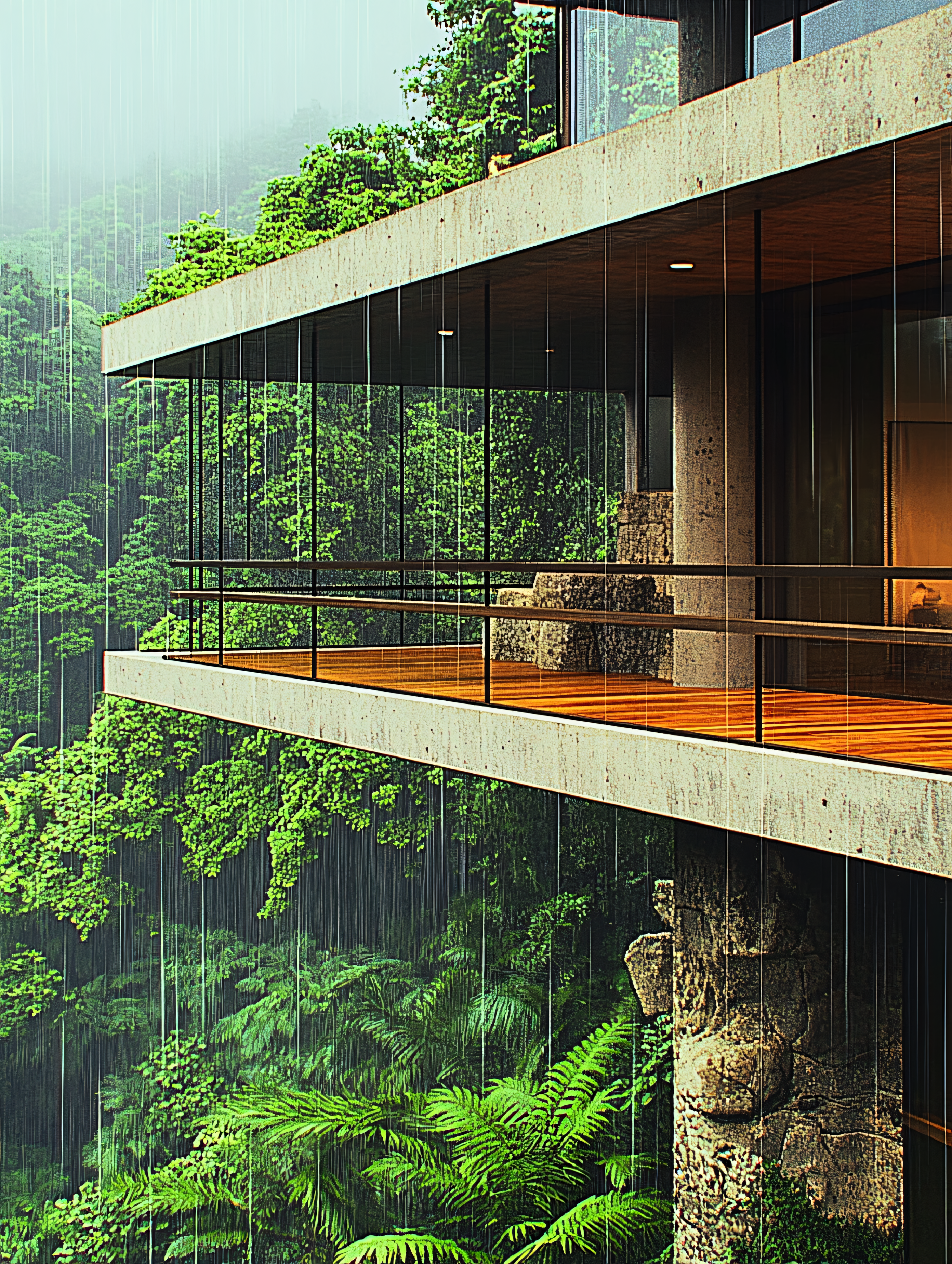 Modern House in Rainforest on Rainy Day