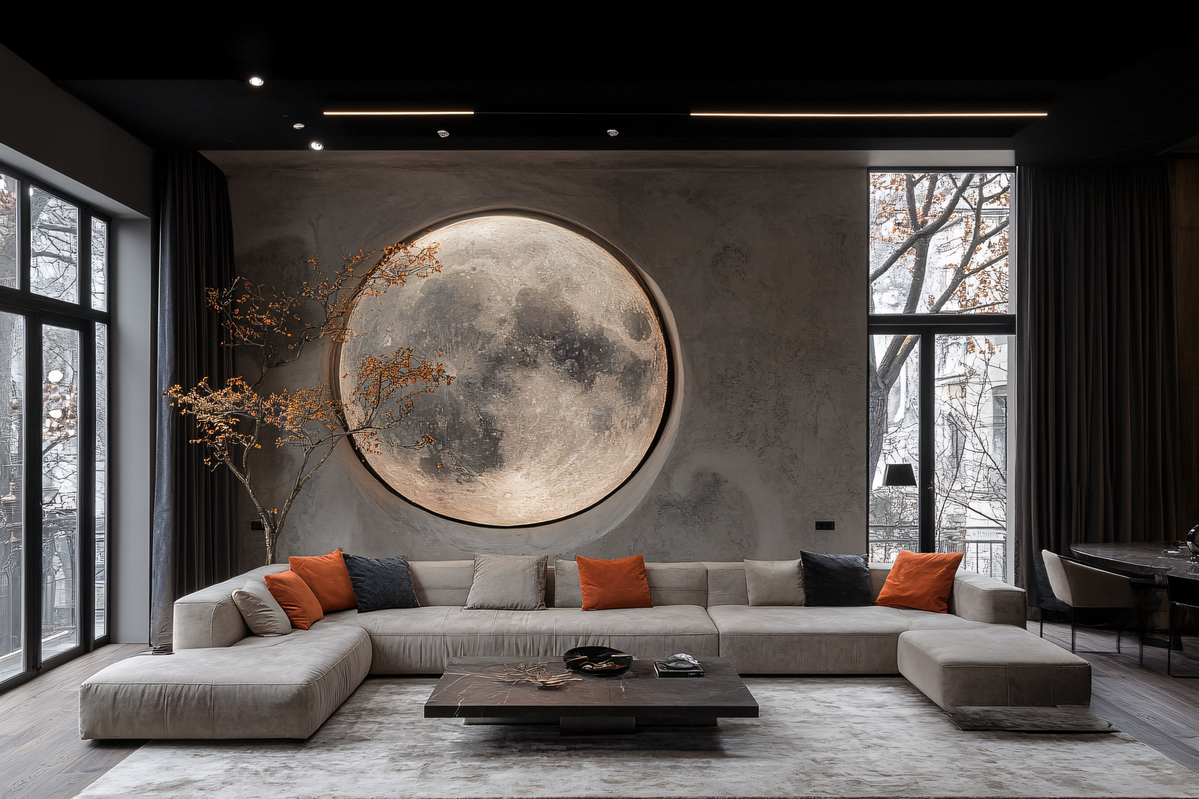 Modern Living Room With Moon Wall Art