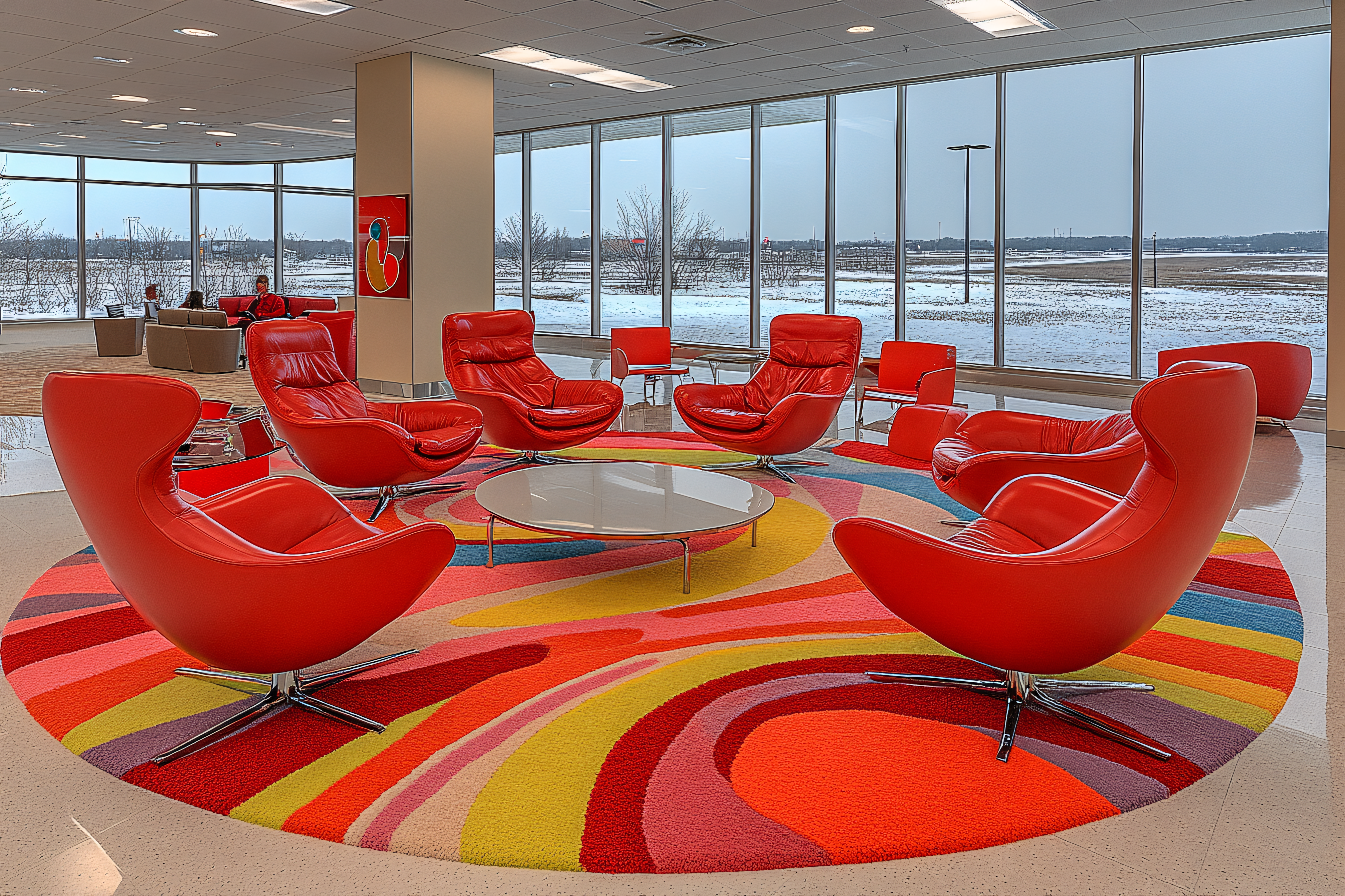 Modern Red Lounge Area With Colorful Rug