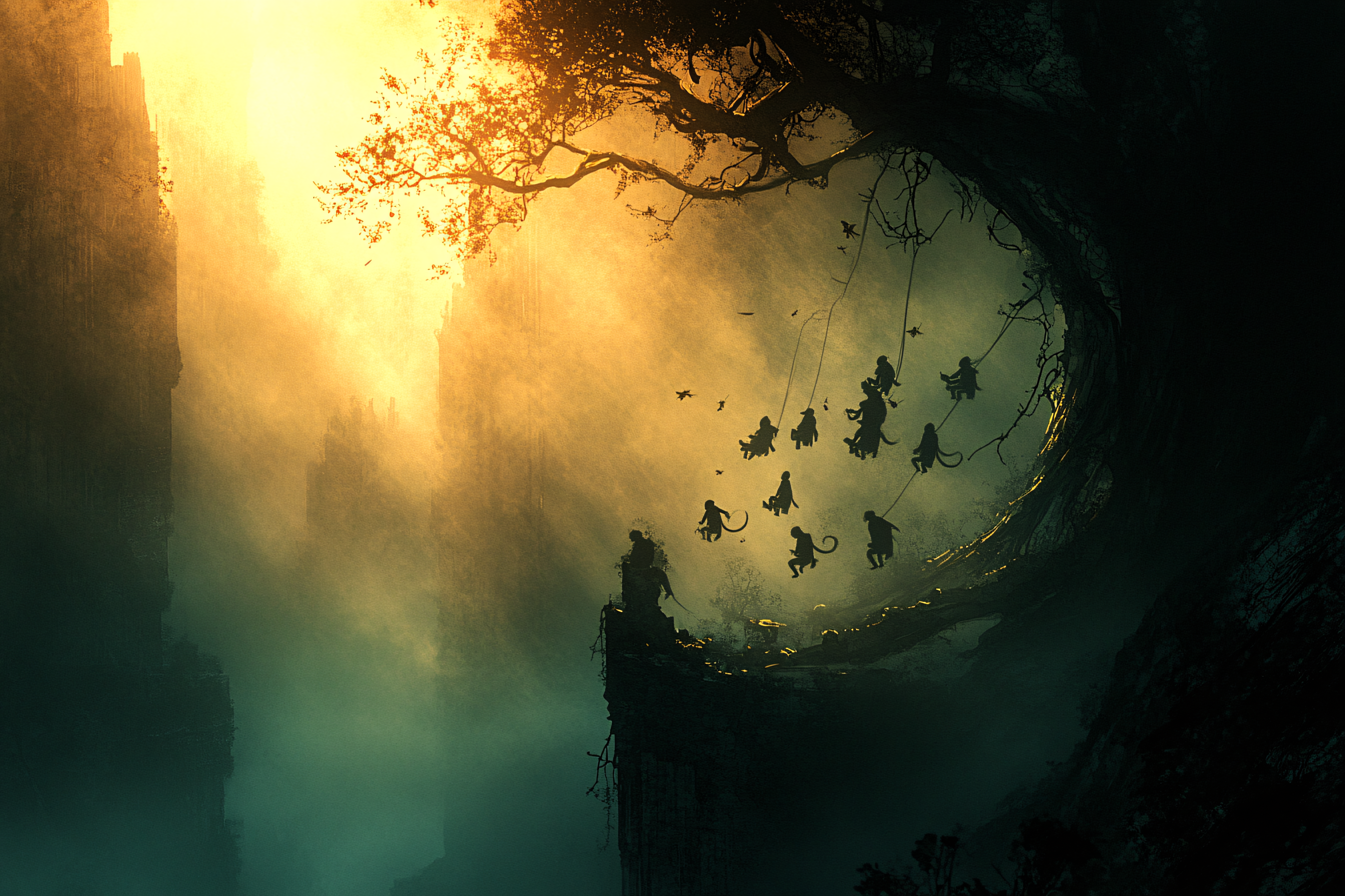 Monkey Swings Through Misty Canyon