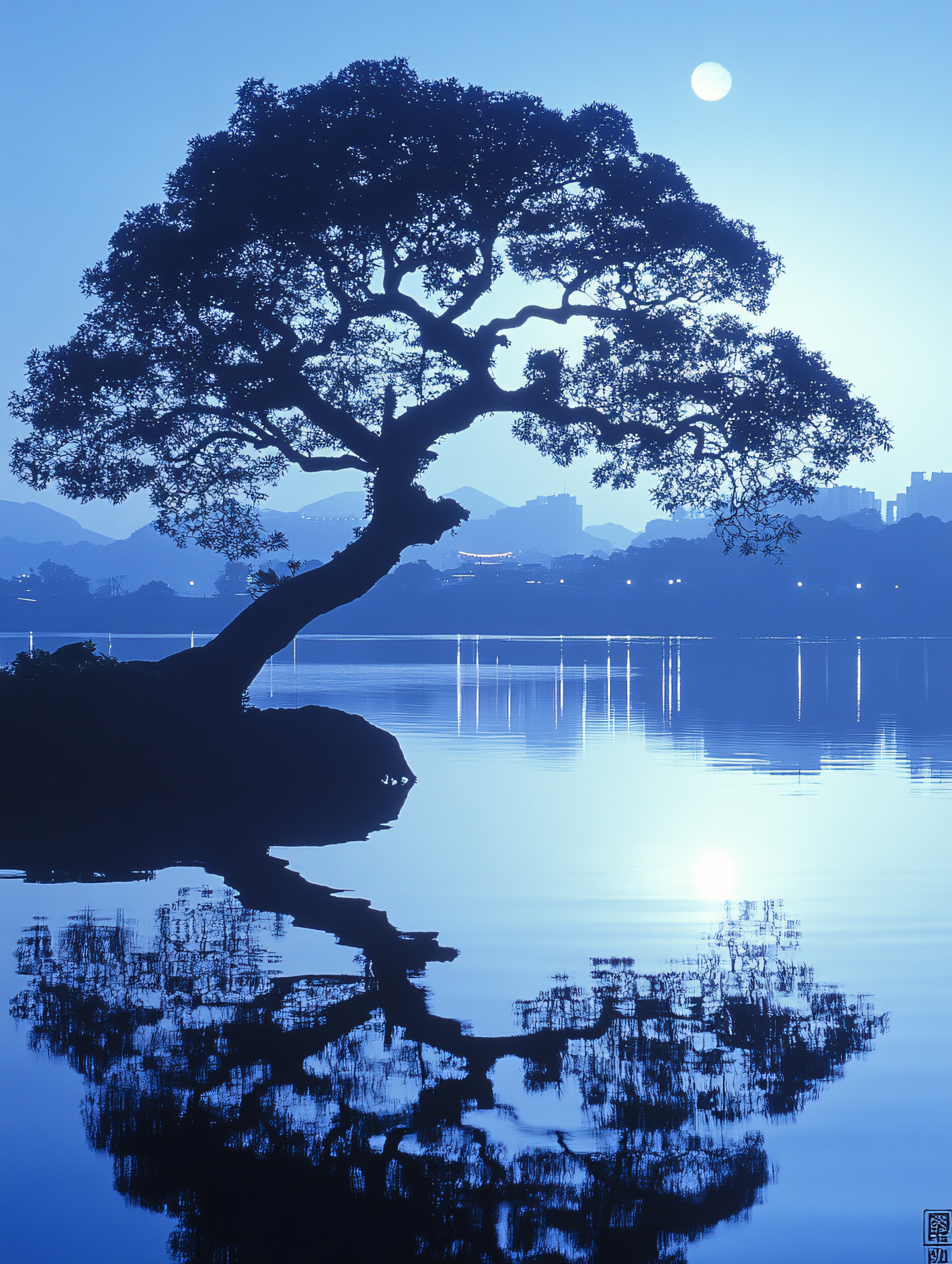 Moonlit Tree Reflection