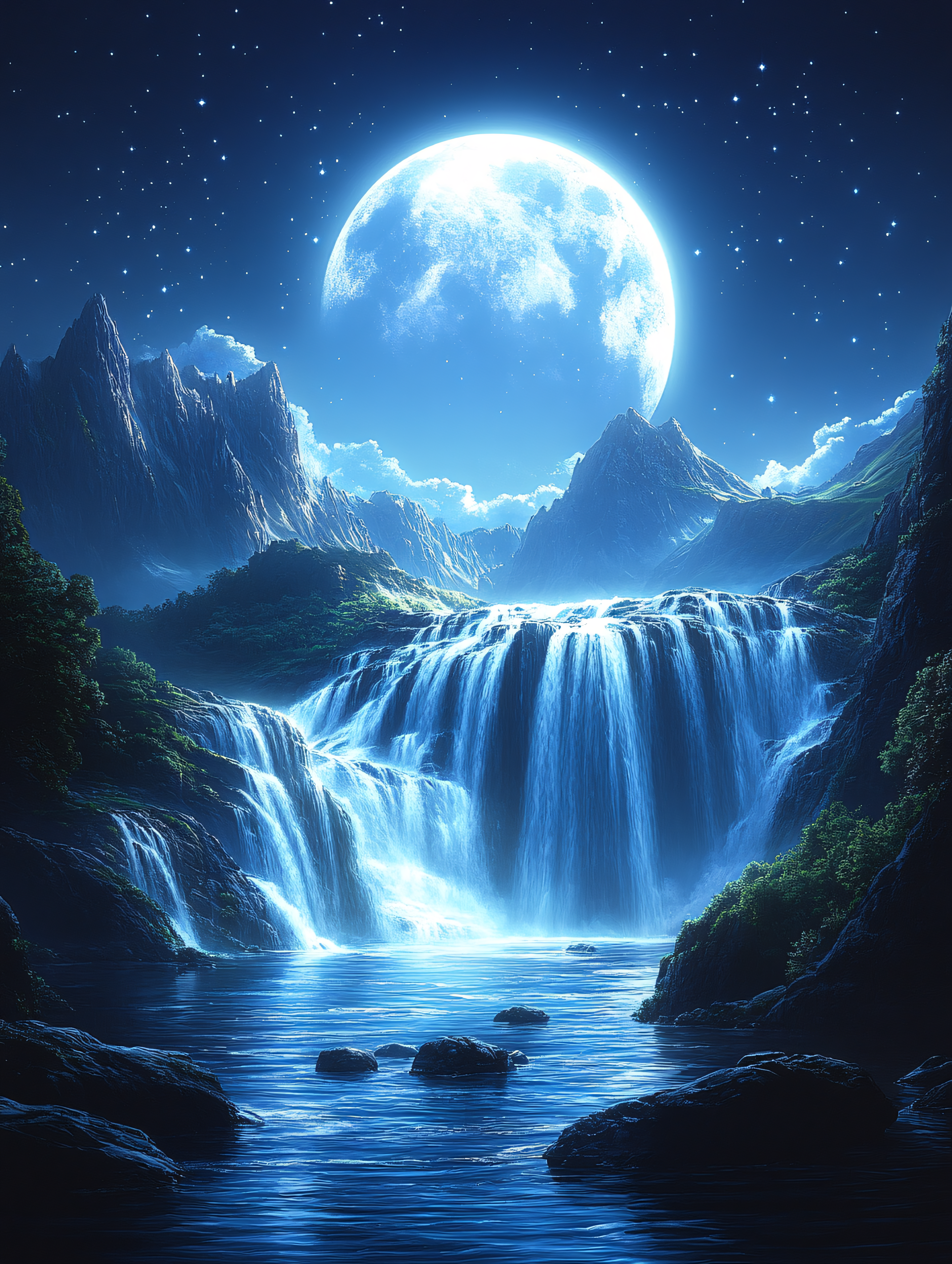 Moonlit Waterfall Landscape