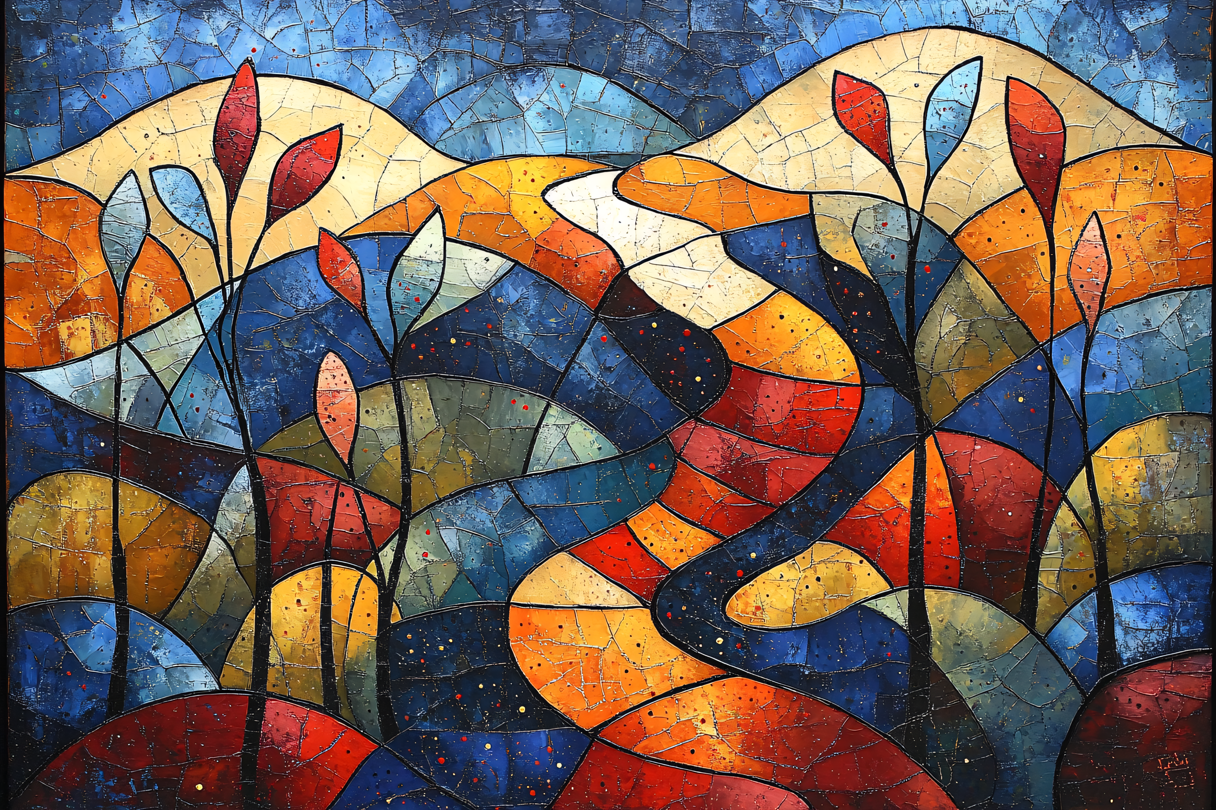 Mosaic Landscape with Winding Path and Red Plants