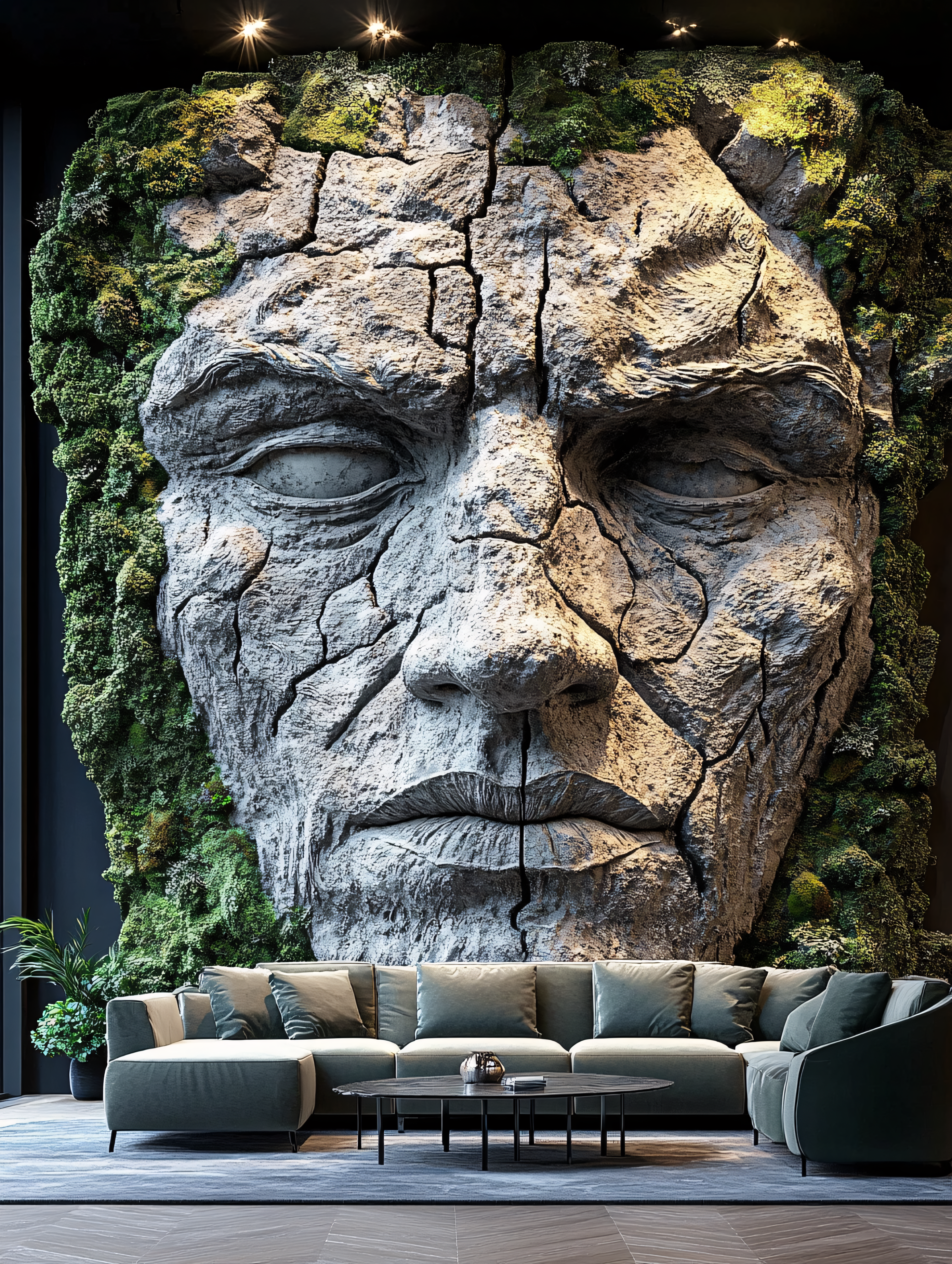 Moss Covered Stone Face Sculpture