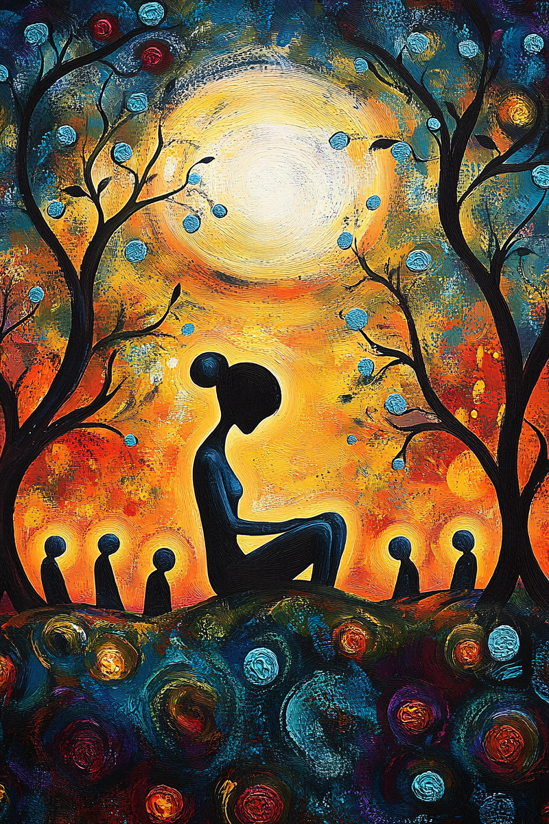 Mother and Children Silhouette Under the Moon