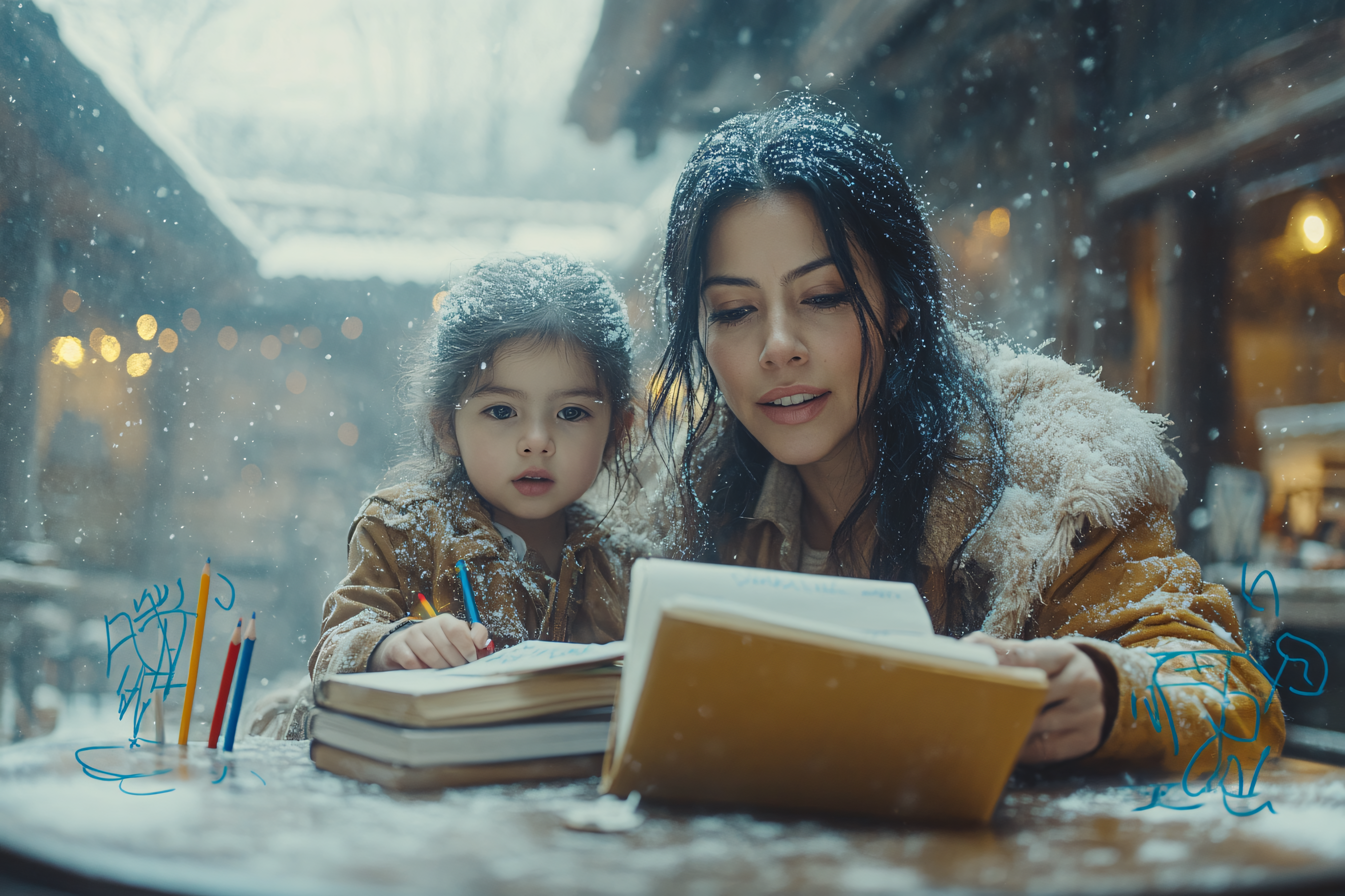Mother And Daughter Reading In Winter