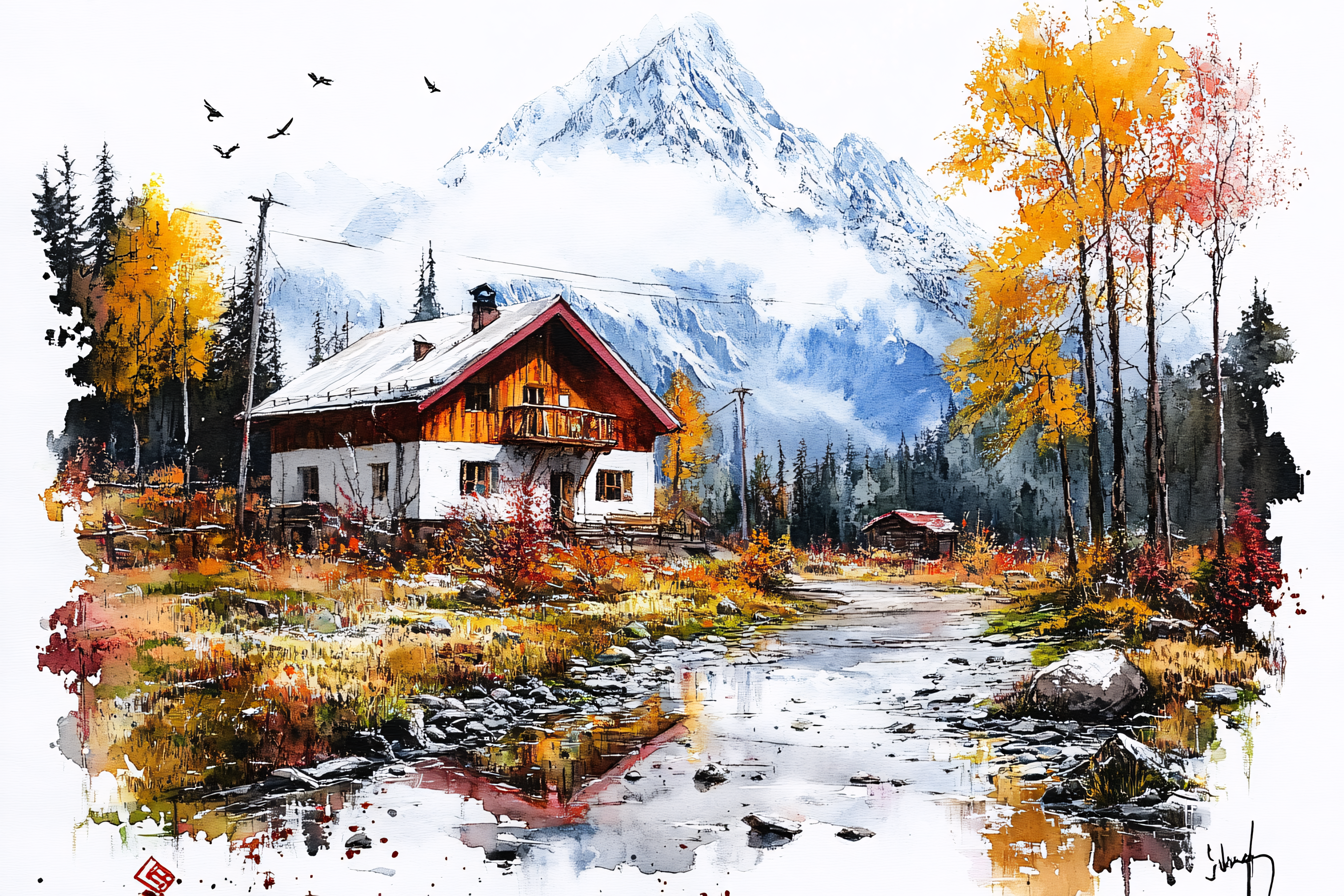 Mountain Cabin in Autumn Landscape