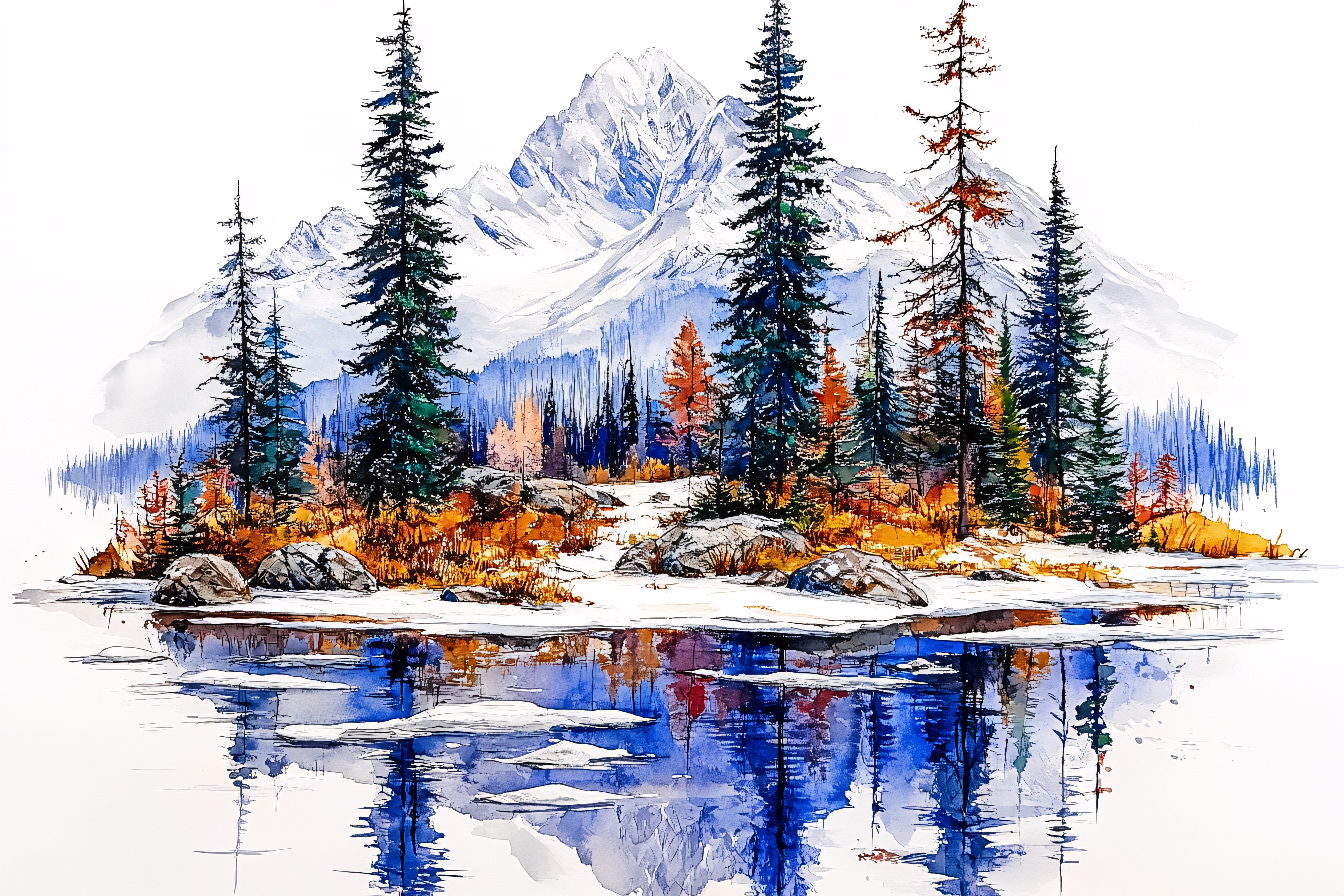 Mountain Lake Watercolor Landscape