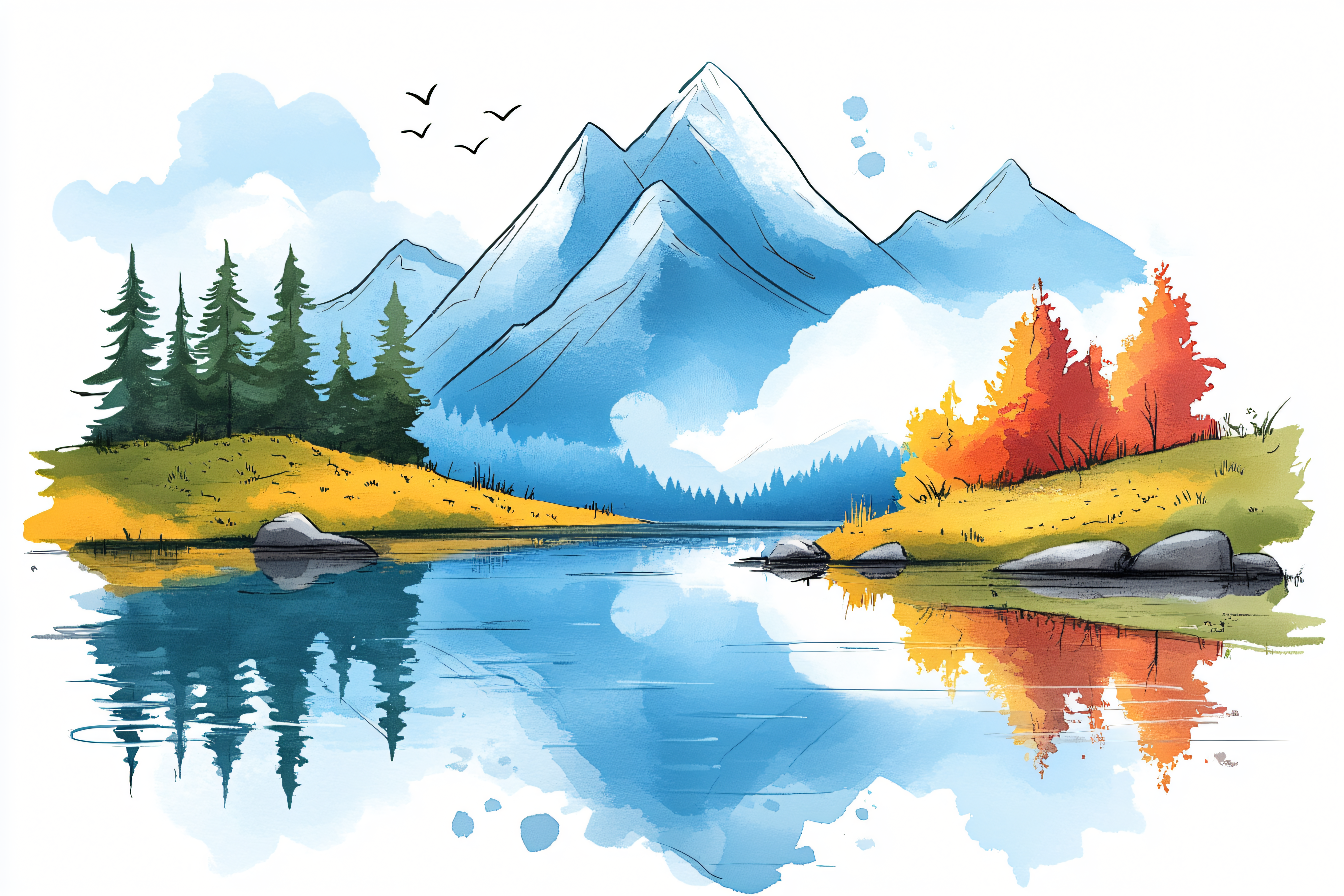 Mountain Lake Watercolor Landscape