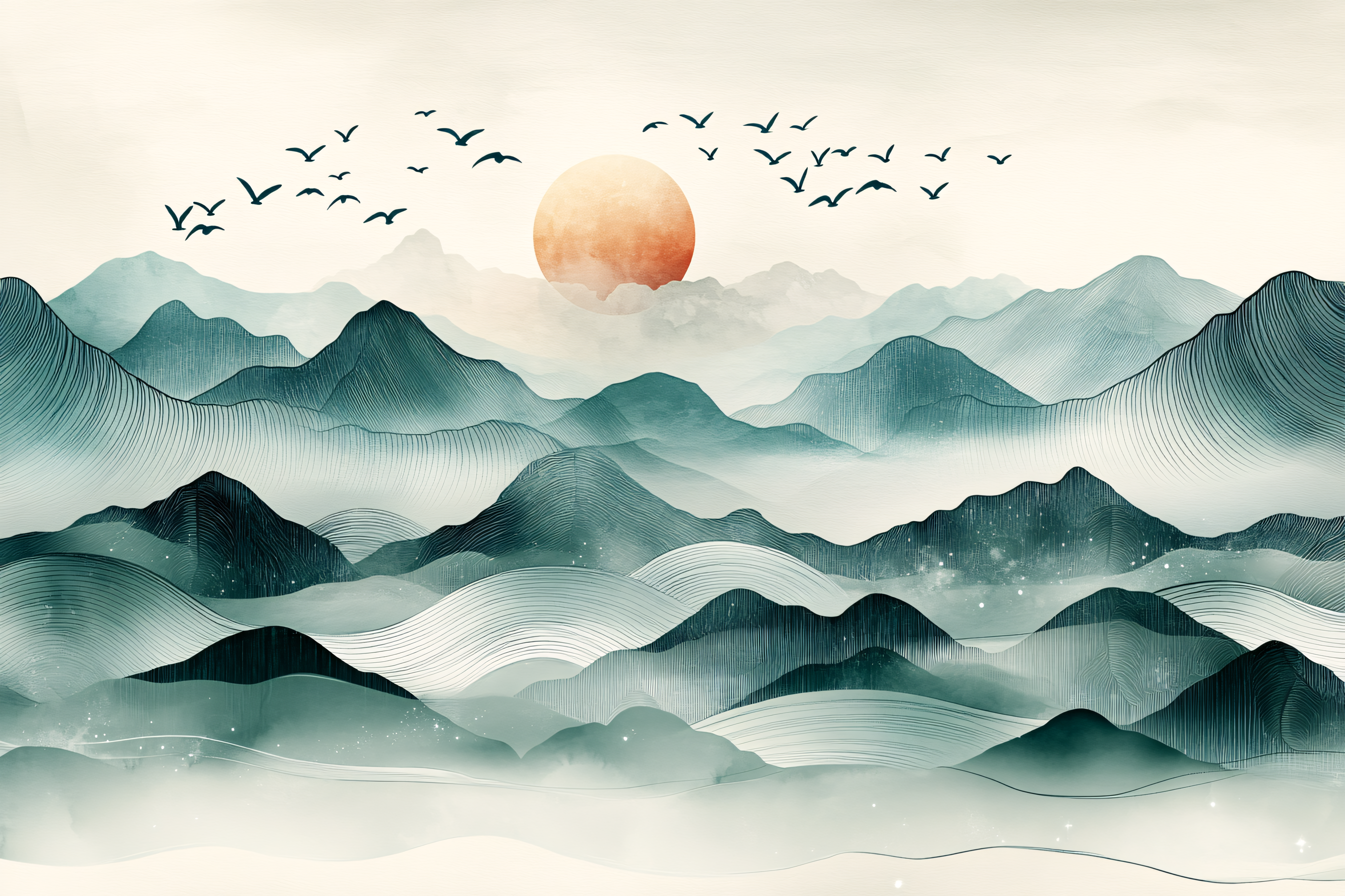 Mountain Landscape with Birds and Setting Sun