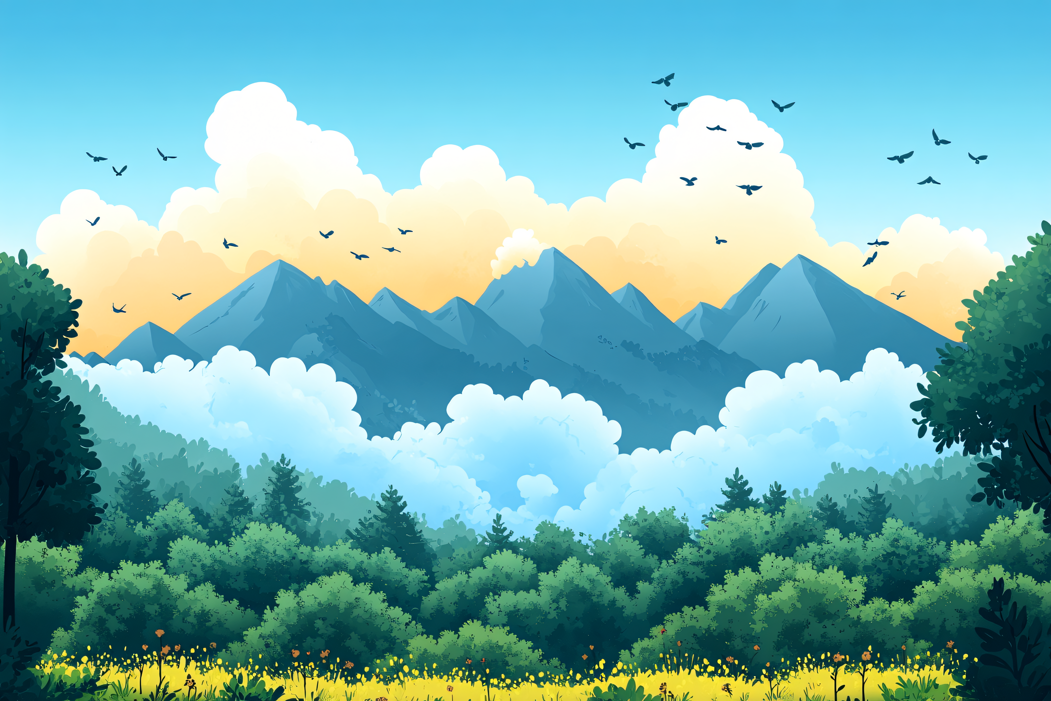 Mountain Landscape With Forest And Birds