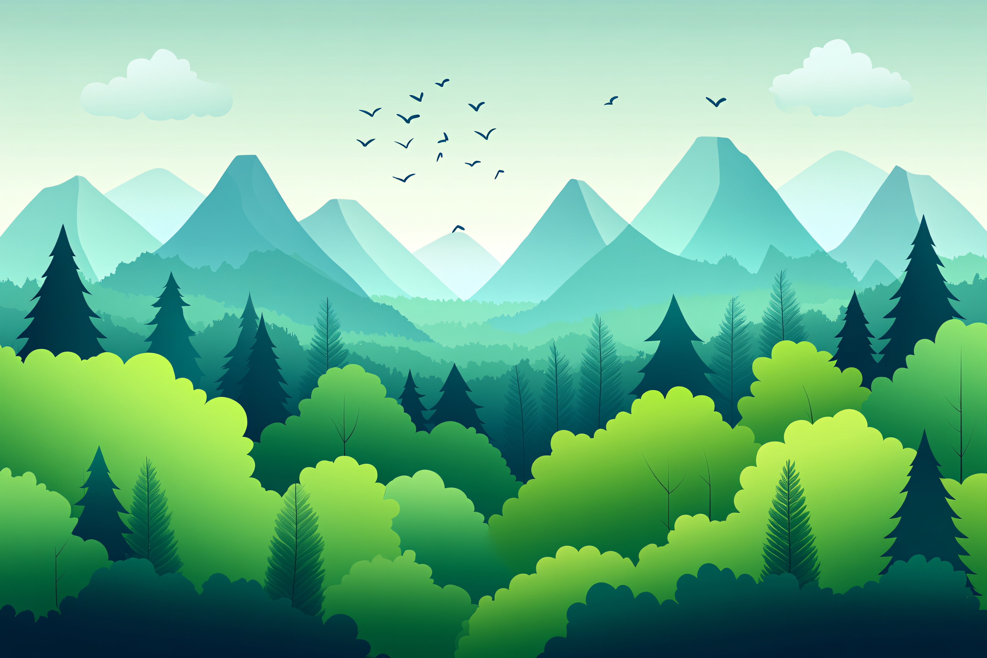 Mountain Landscape with Forest and Birds