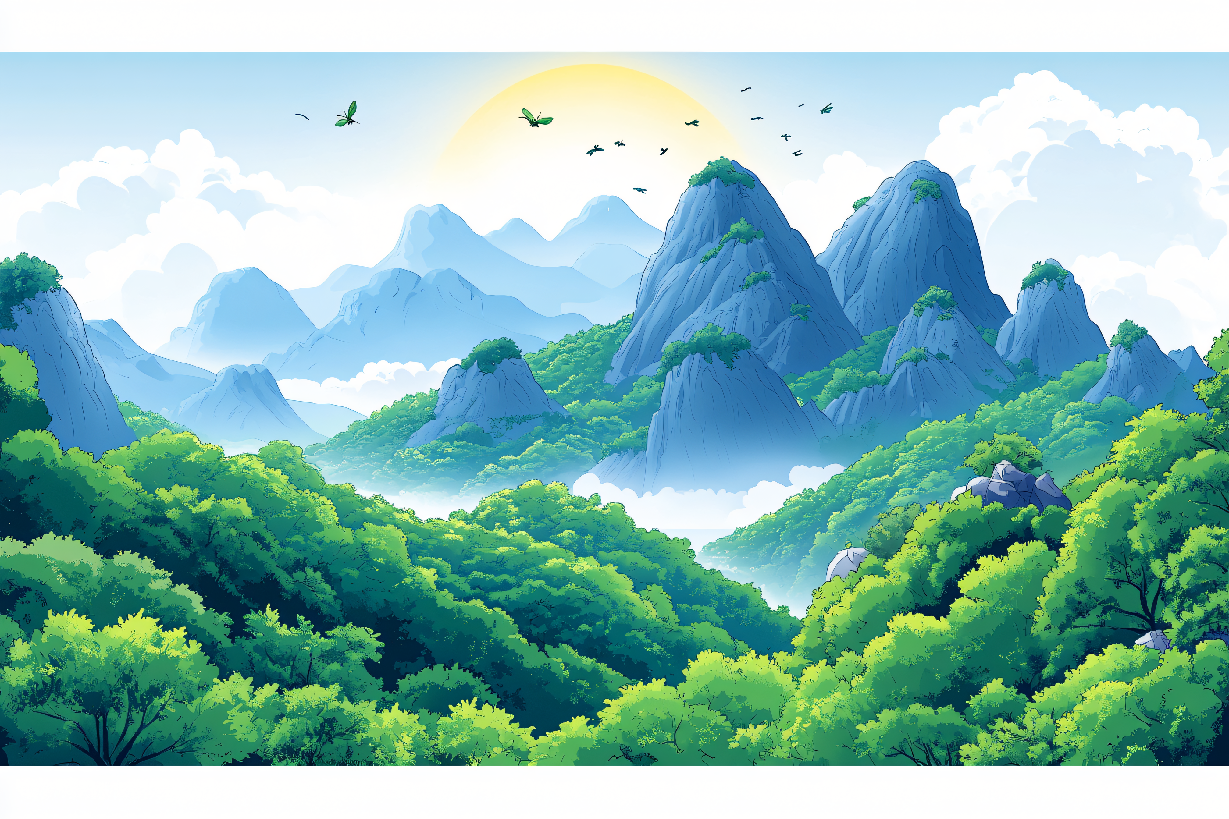 Mountain Landscape with Green Forest and Birds