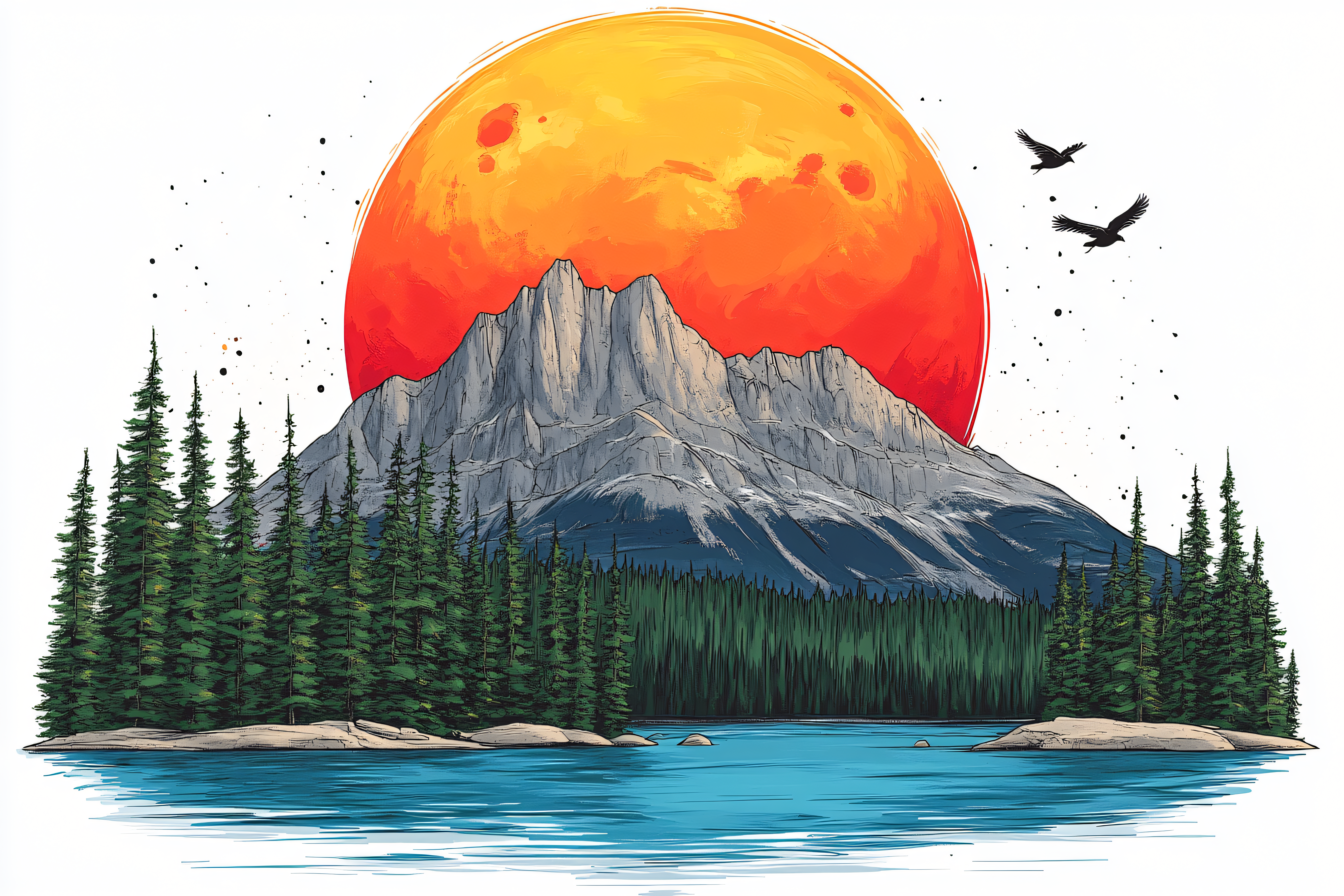 Mountain Landscape with Orange Moon