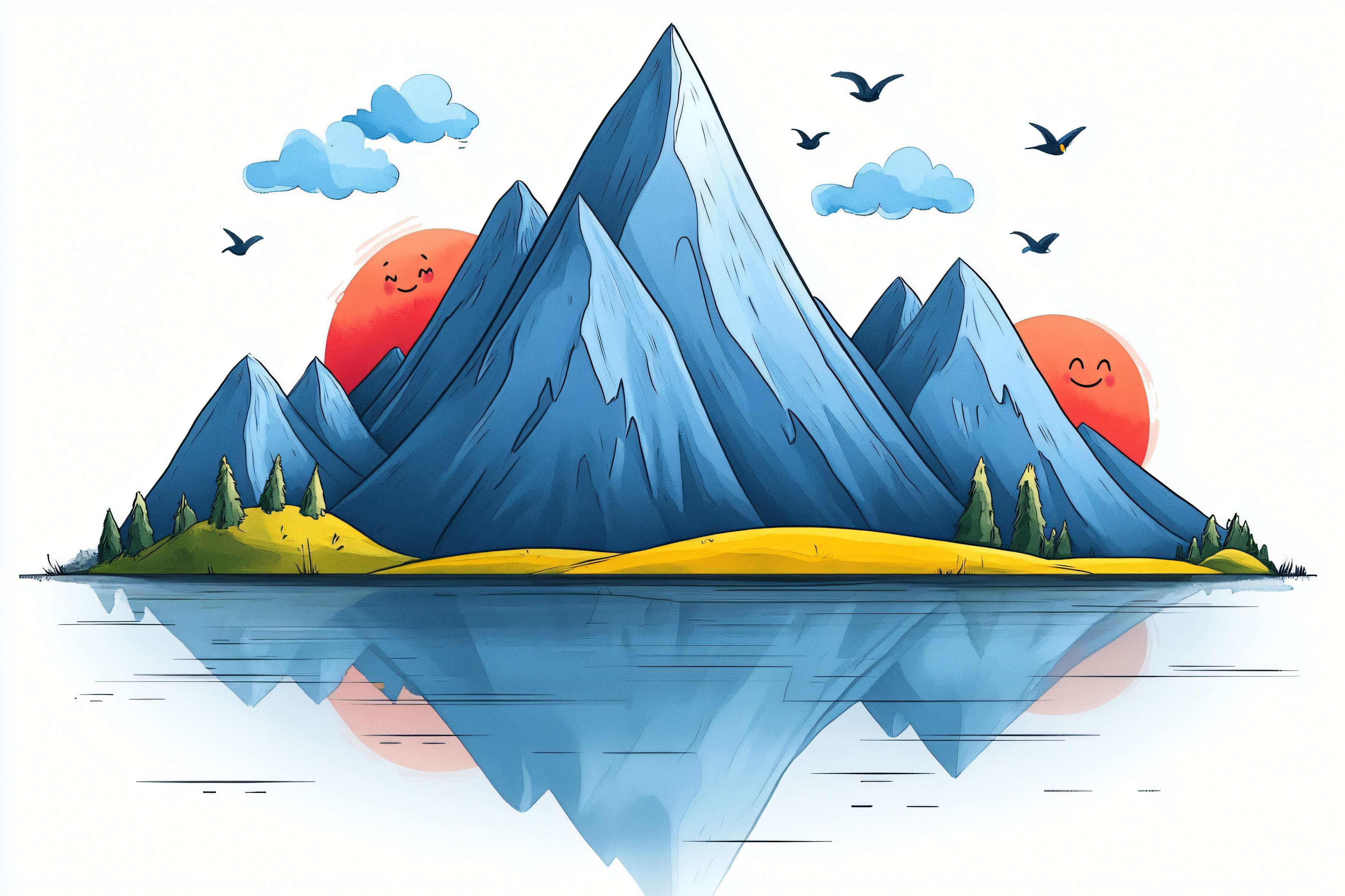 Mountain Landscape With Smiling Suns