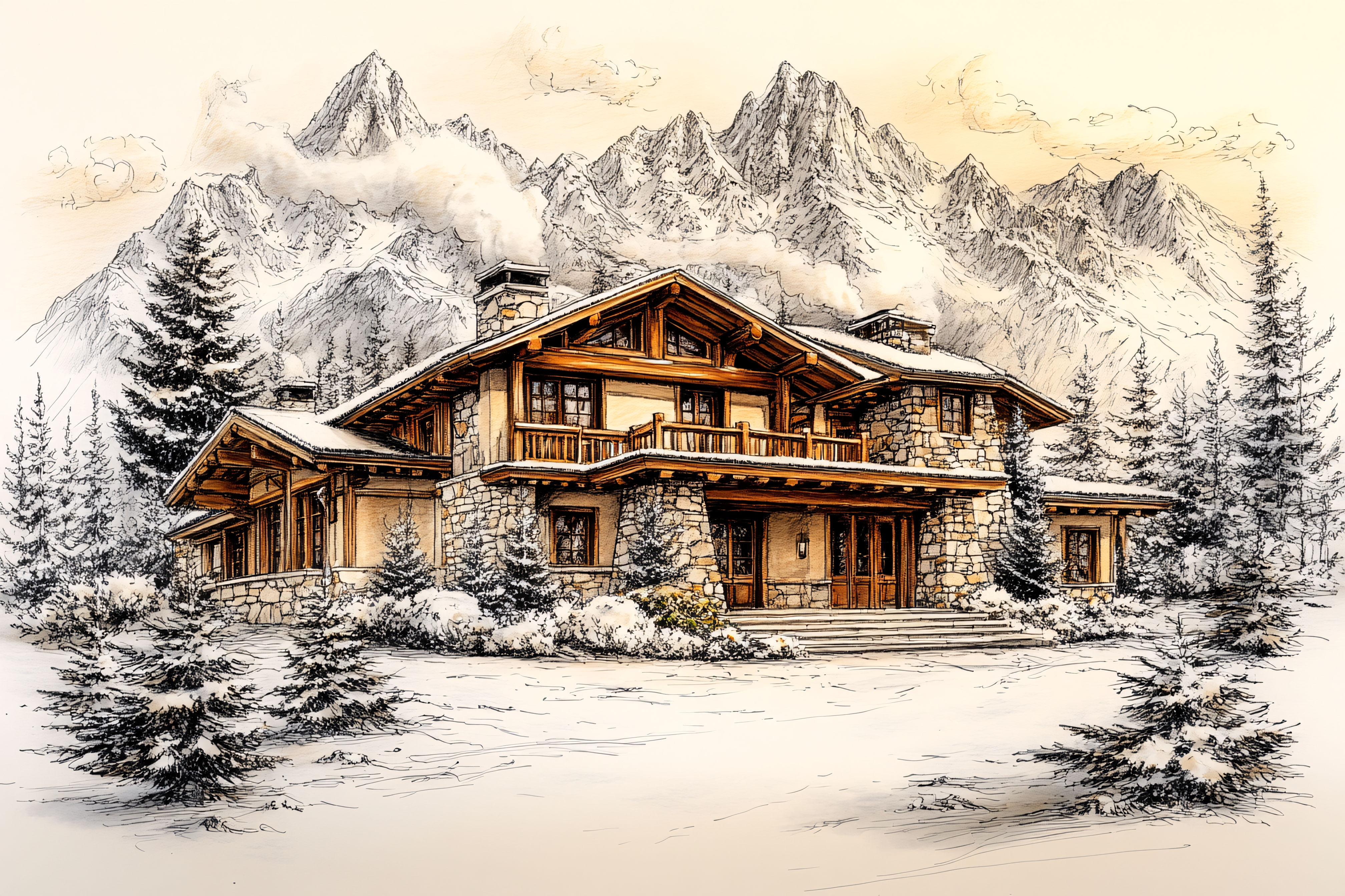 Mountain Lodge In Winter Sketch