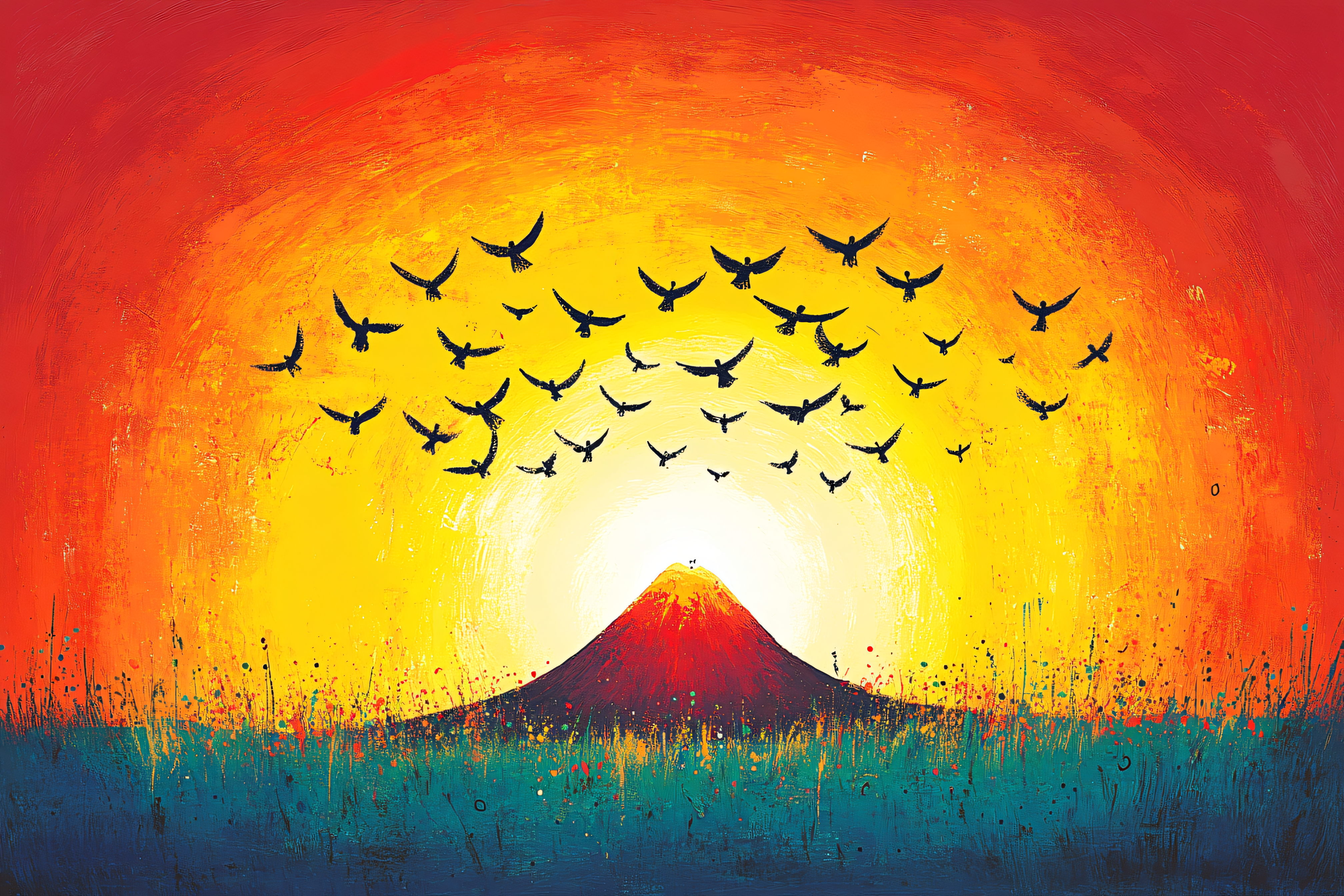 Mountain Sunset with Flying Birds