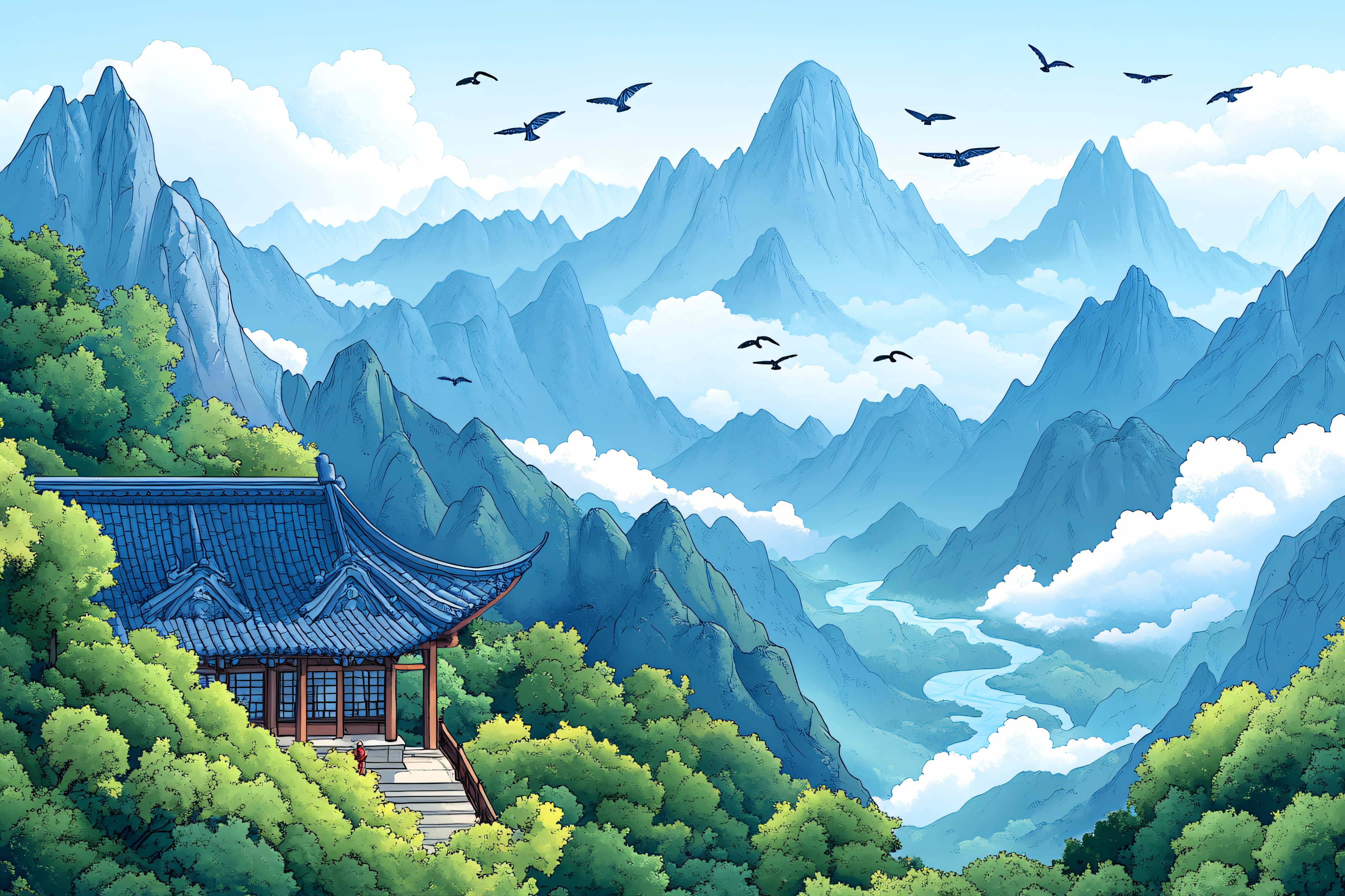 Mountain Vista with Asian Temple