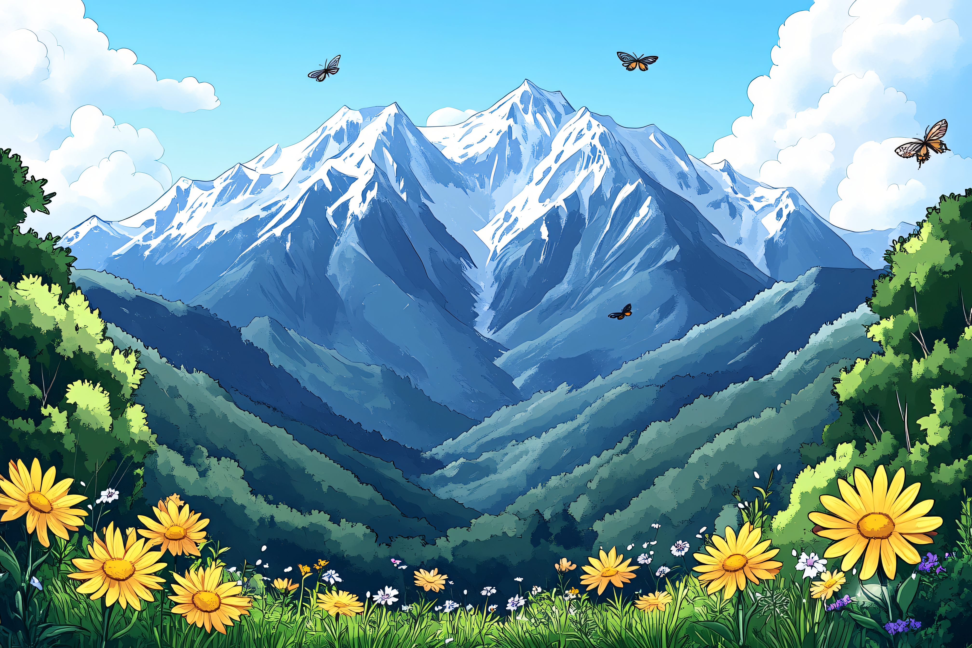 Mountainous Valley with Flowers and Butterflies
