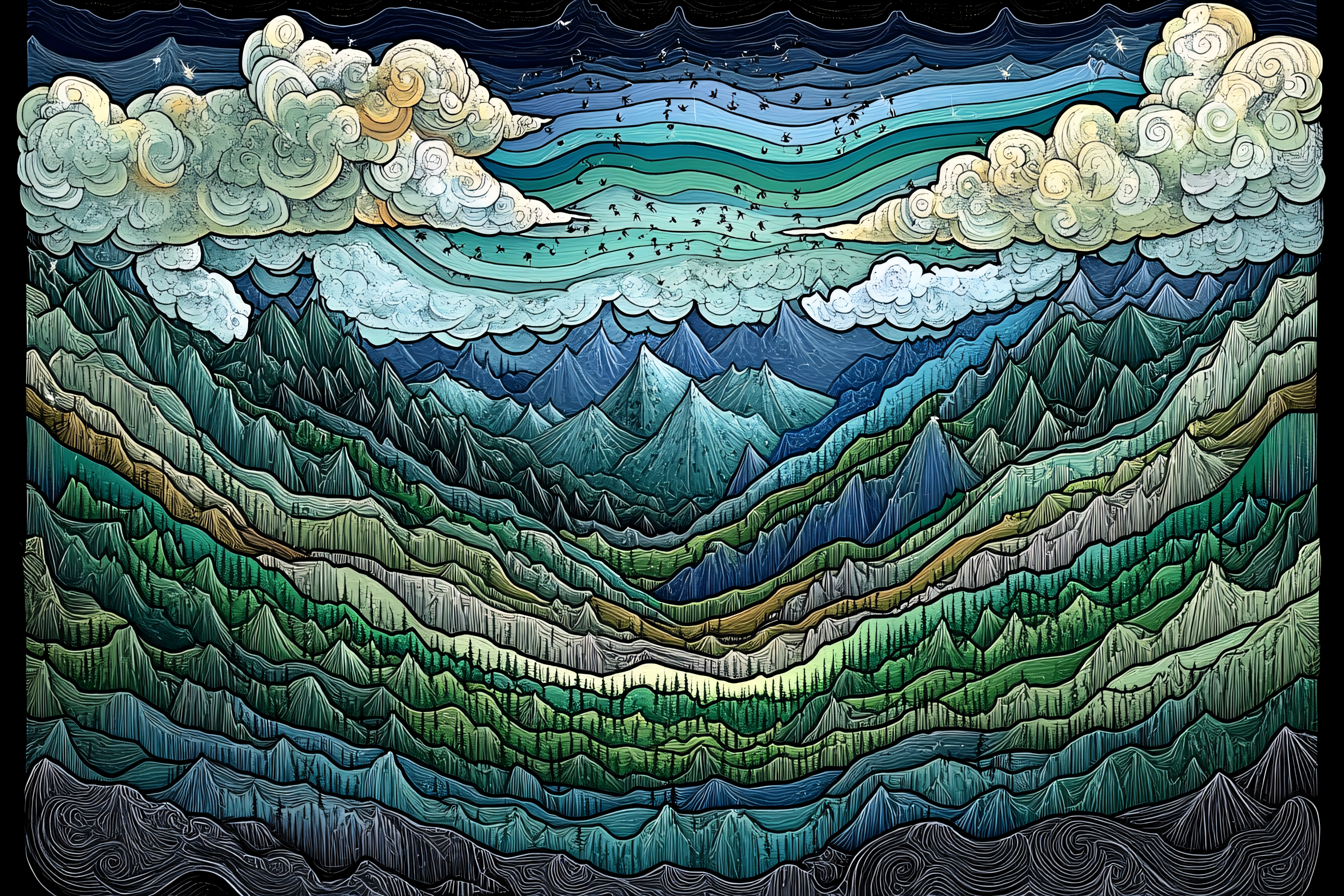 Mountainous Vista with Swirling Clouds