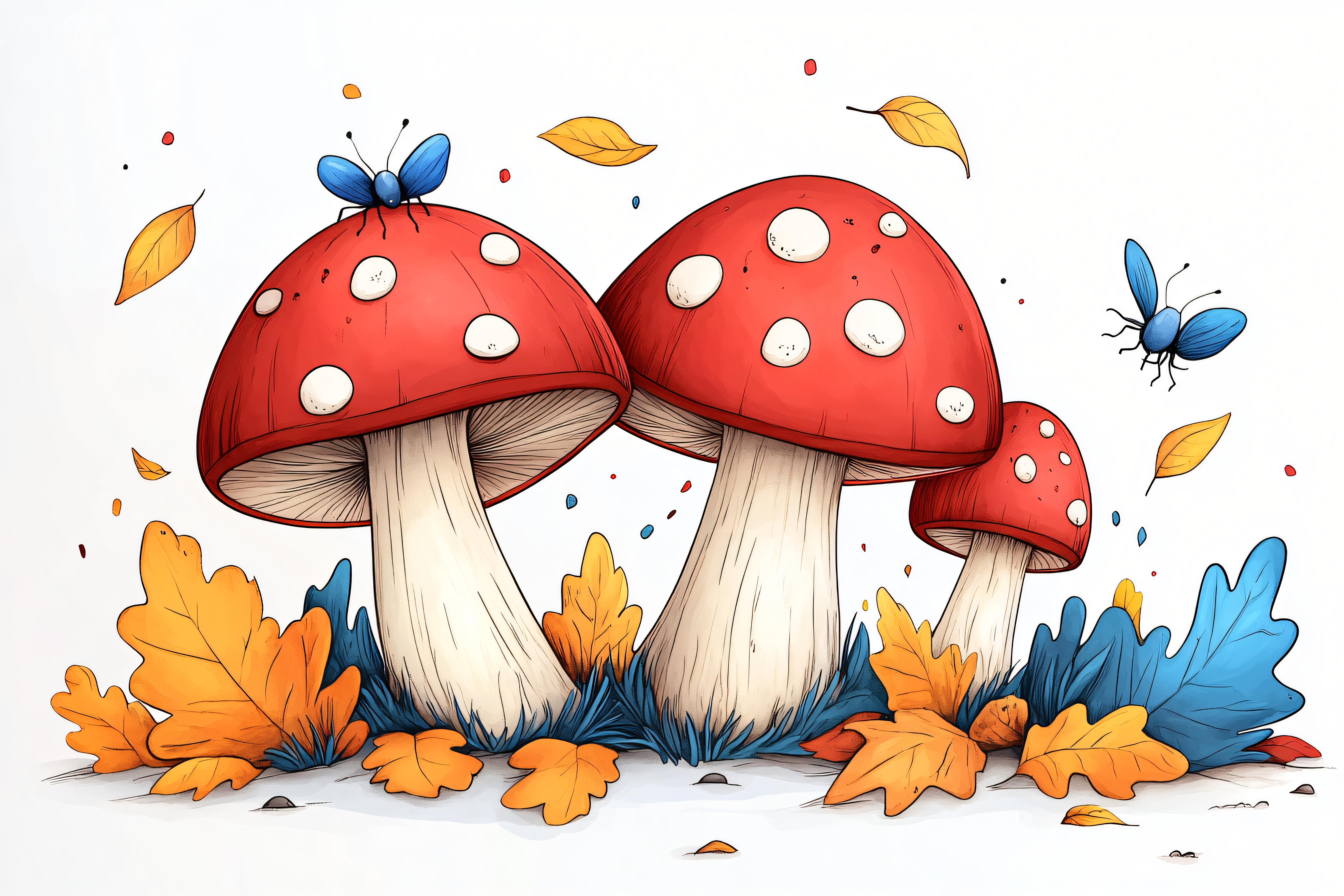 Mushrooms With Butterfly And Autumn Leaves