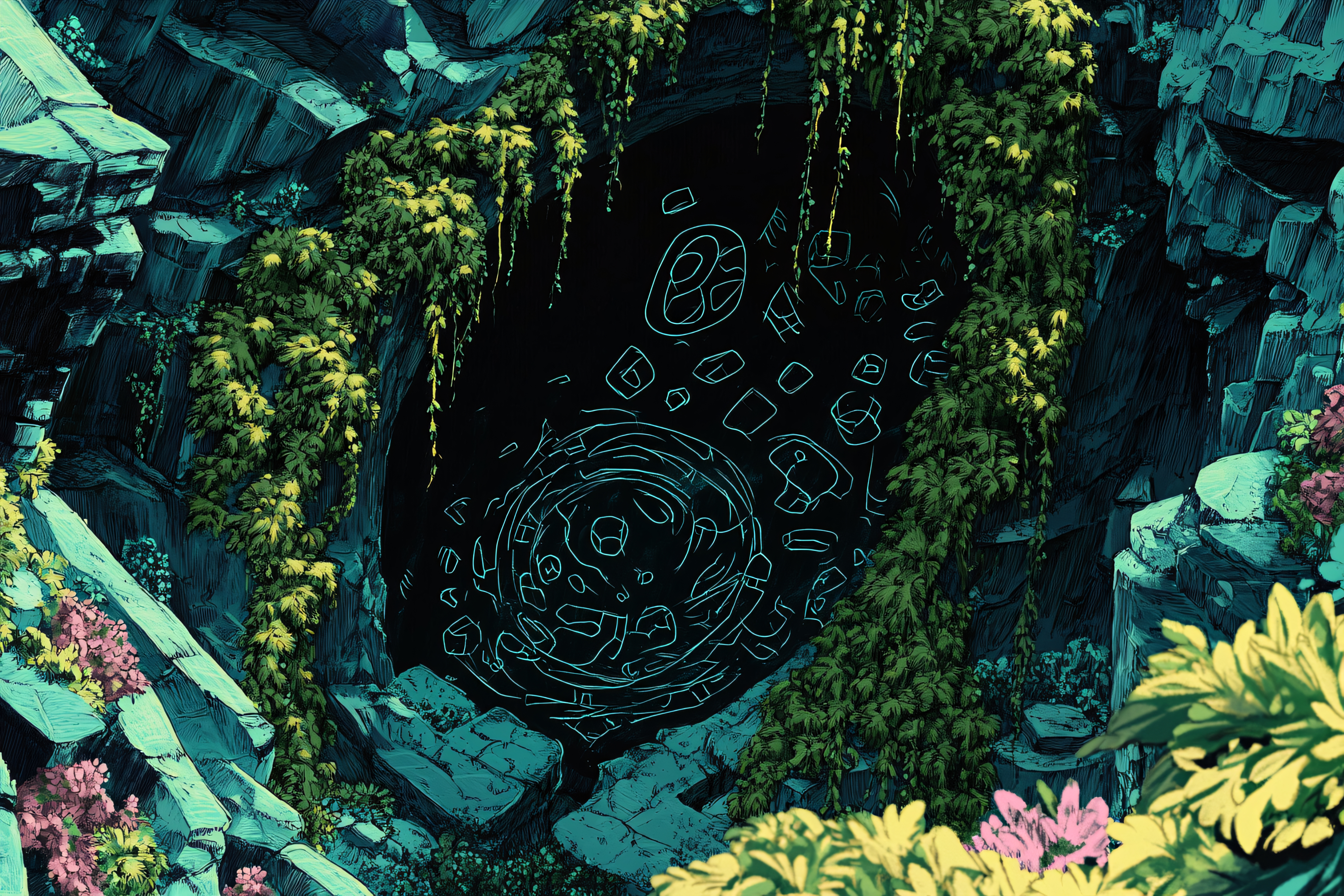 Mystical Cave Entrance with Glowing Symbols