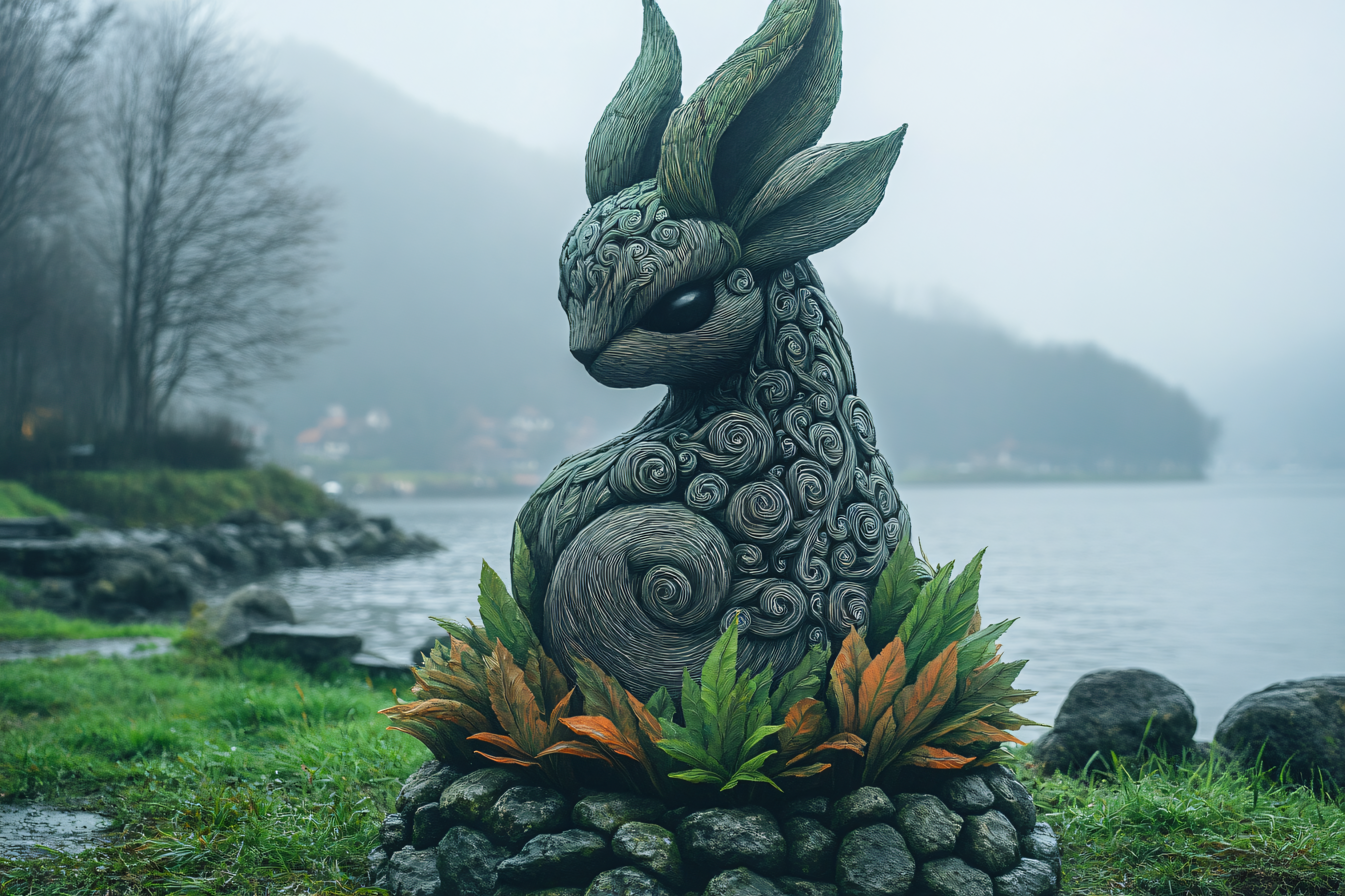 Mystical Hare Statue by the Lake