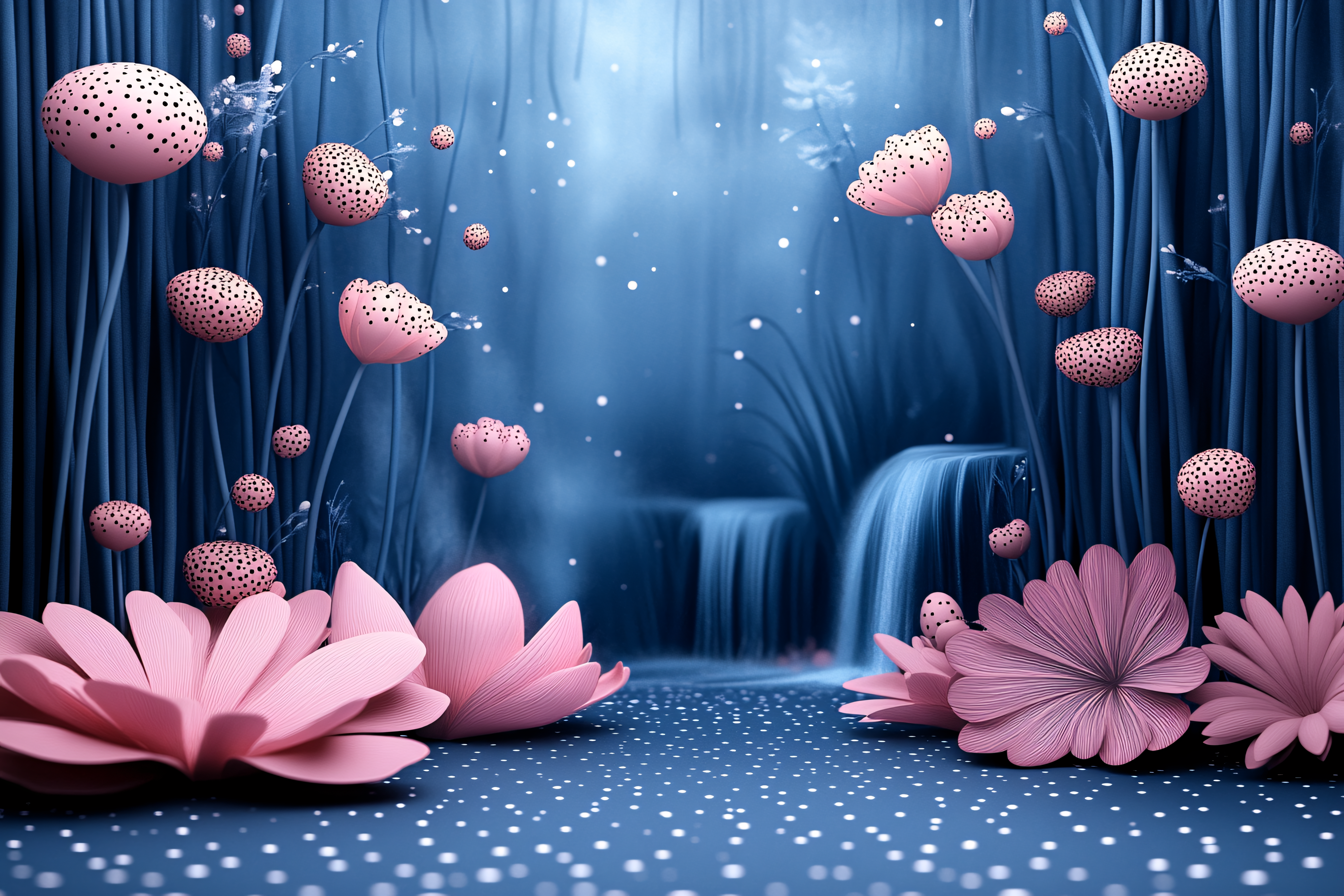 Mystical Pink Flowers and Waterfall