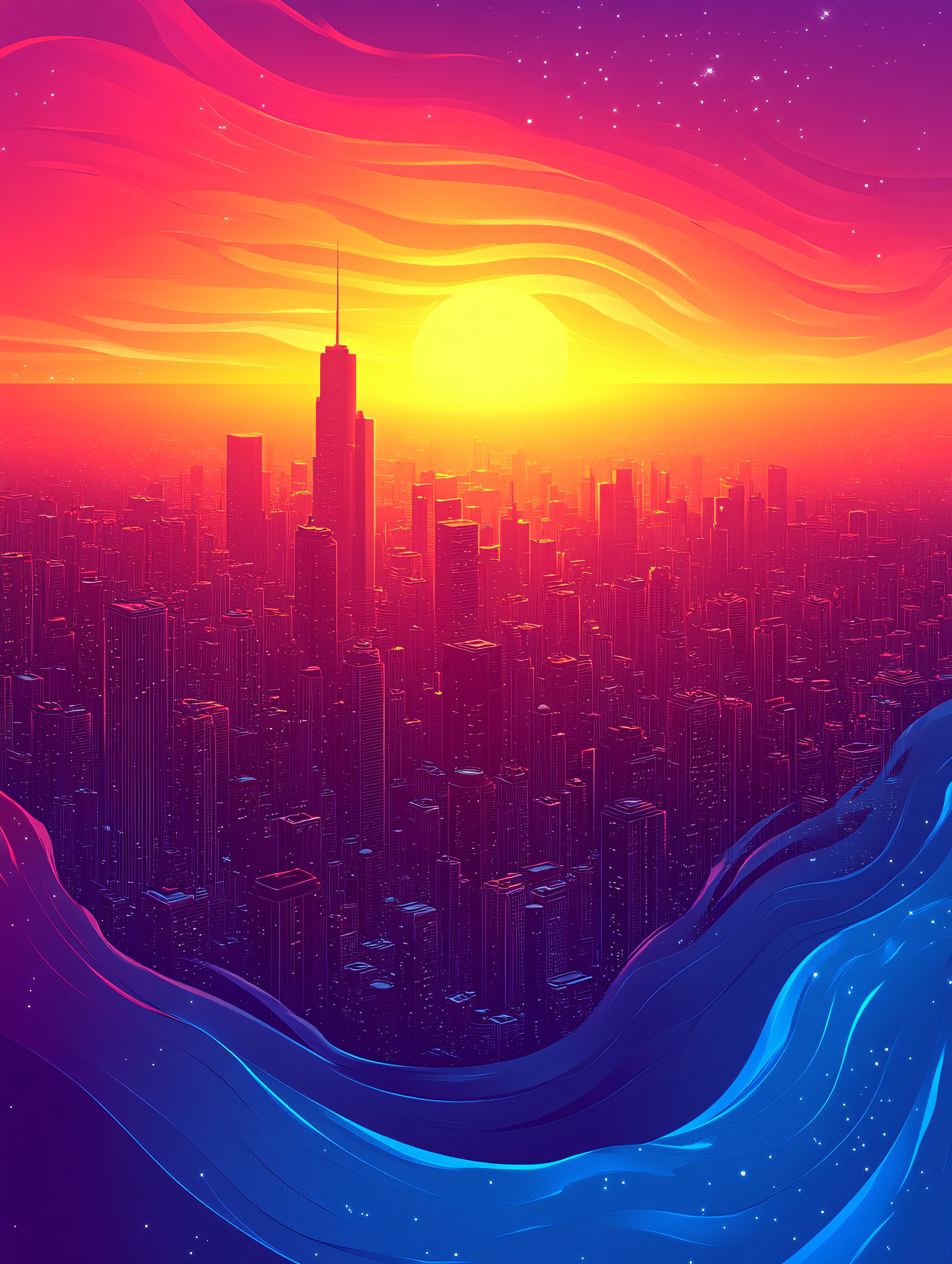 Neon Skyline Sunset Cityscape