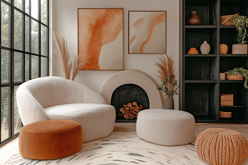 Neutral Living Room Interior with Fireplace