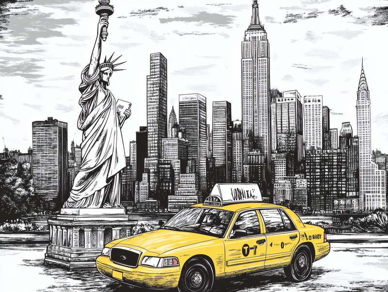 New York Cityscape with Statue of Liberty and Taxi