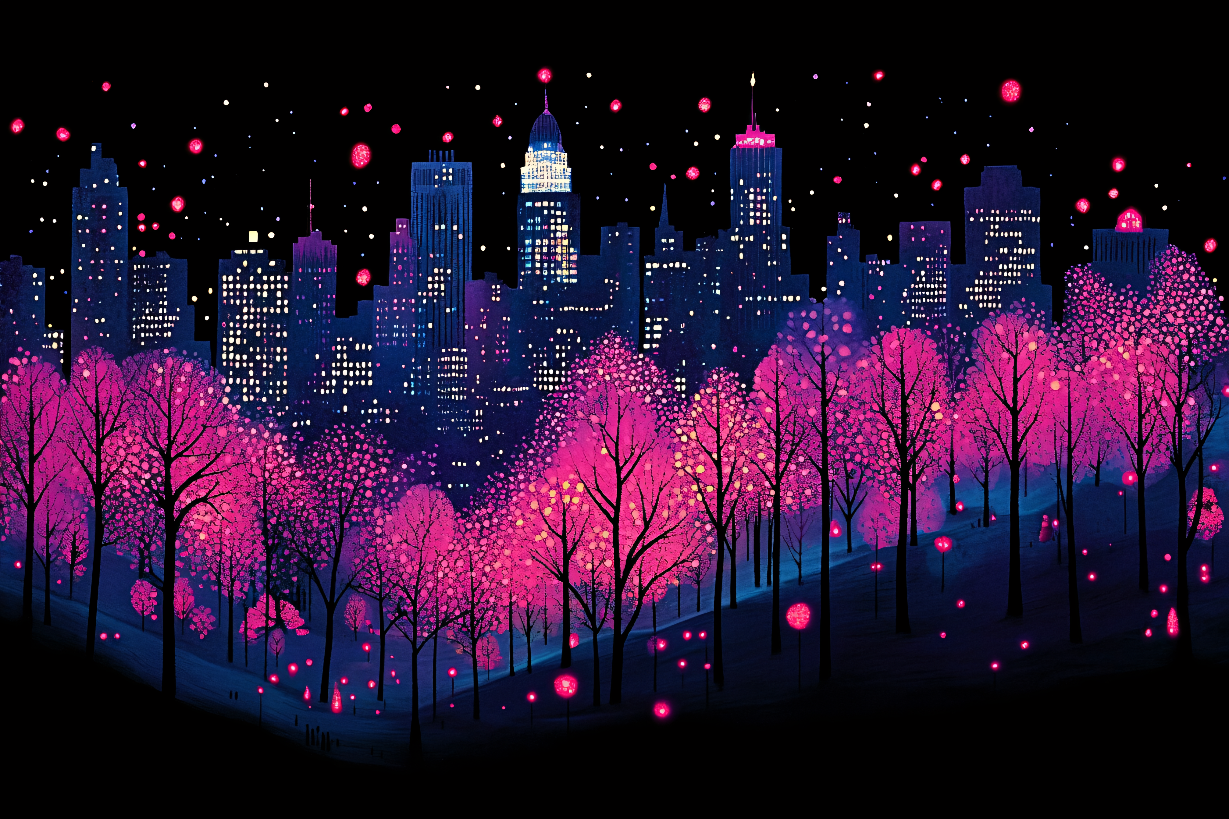 Night Cityscape with Pink Trees