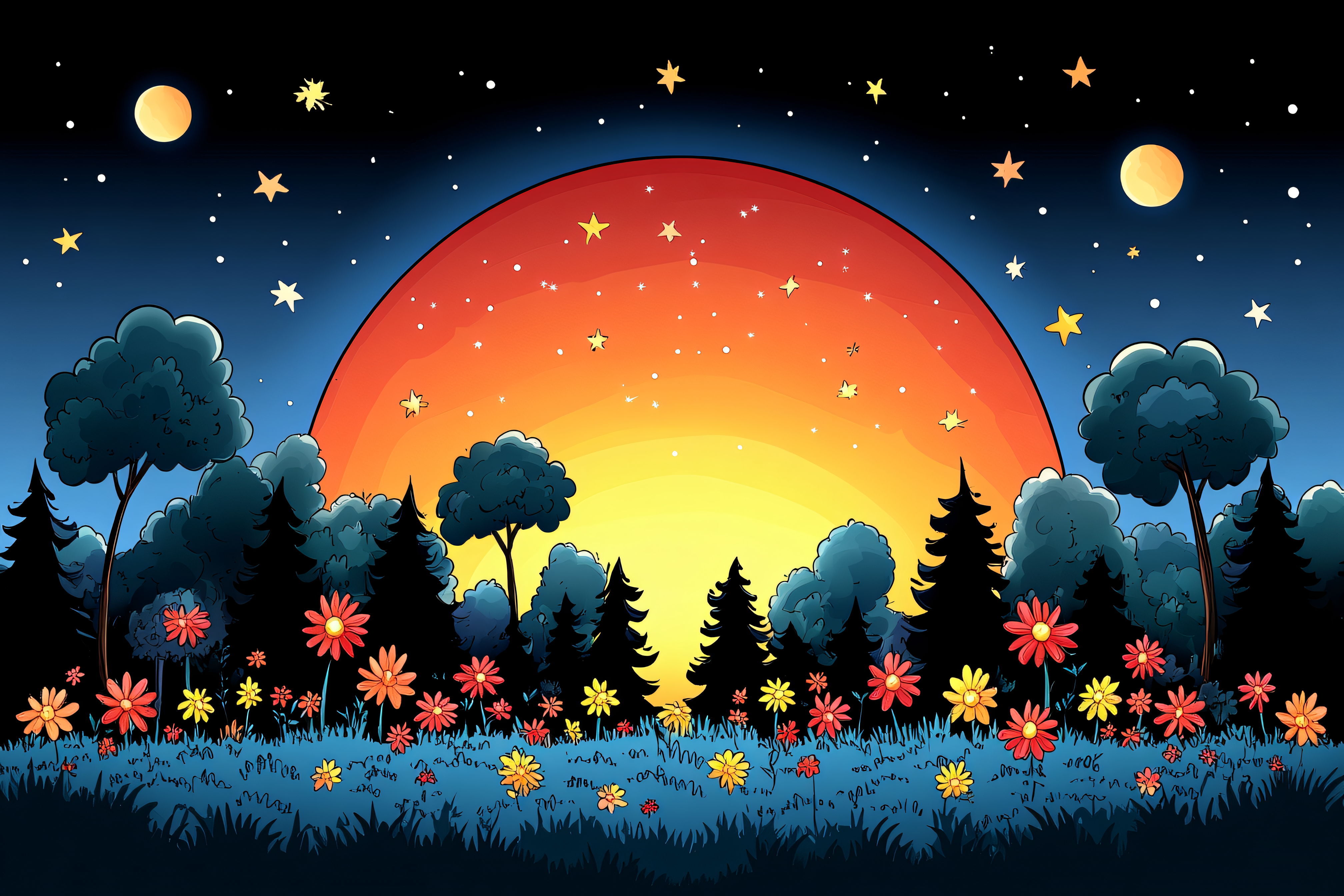 Night Landscape with Flowers and Moon