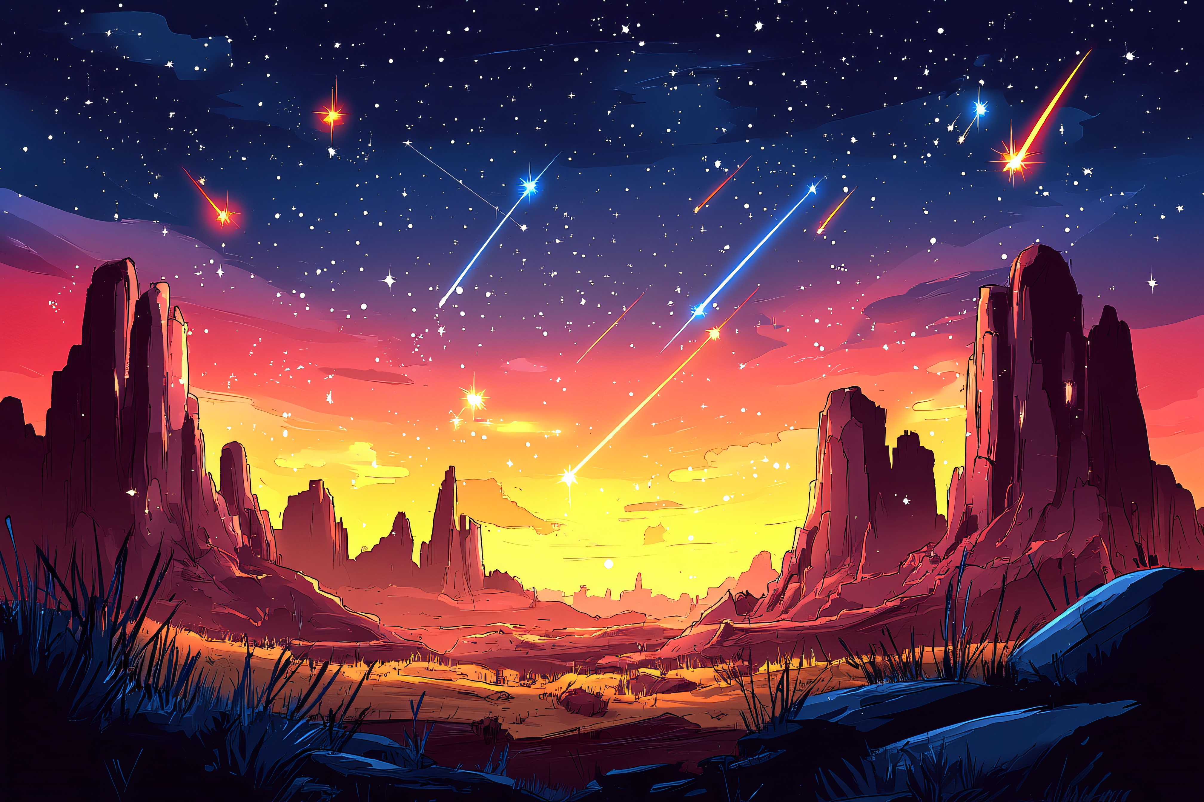 Night Sky Desert Landscape with Shooting Stars