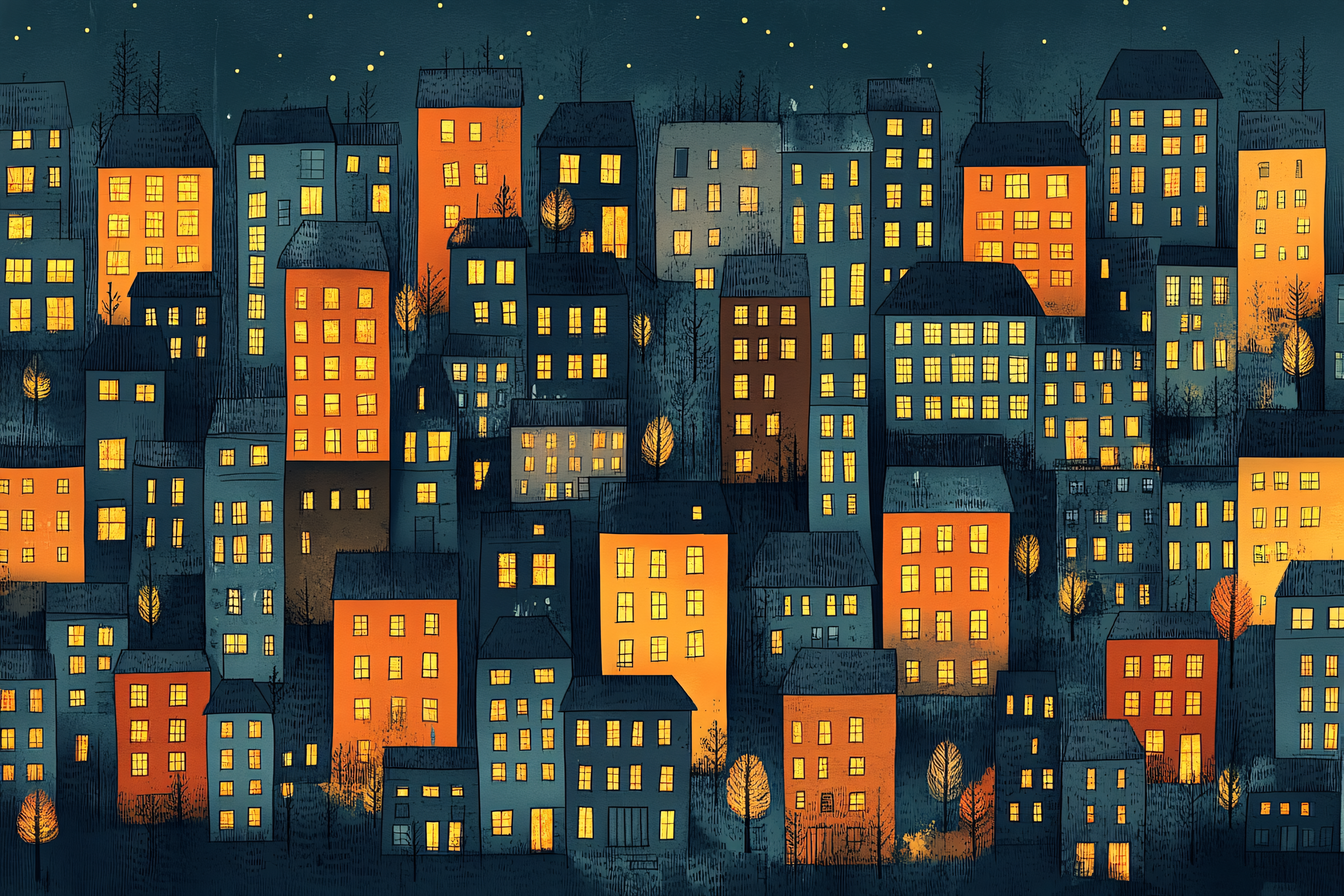 Nighttime Cityscape with Illuminated Windows