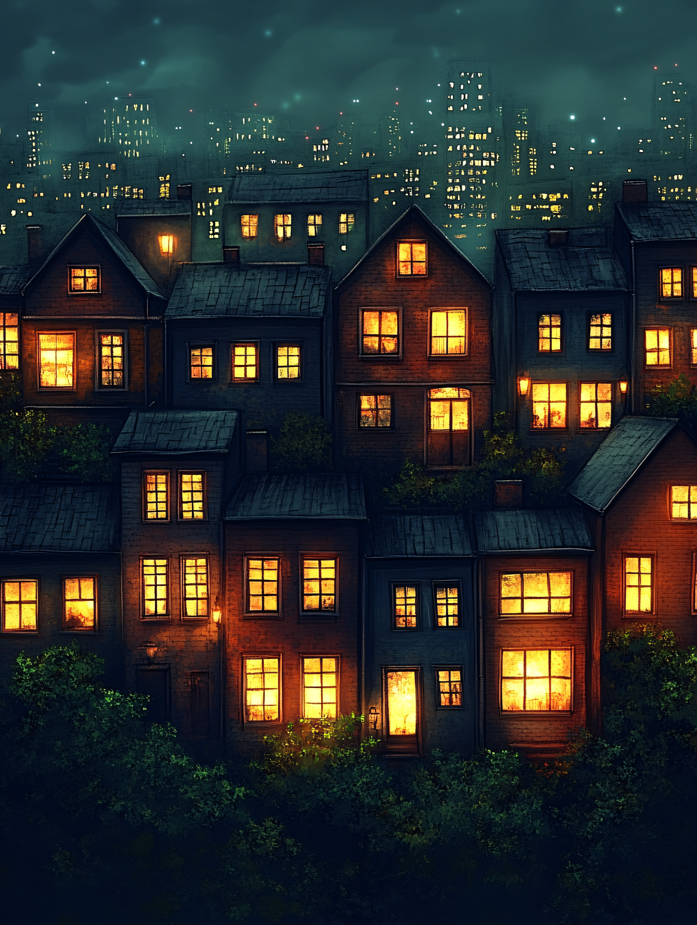 Nighttime Houses Cityscape