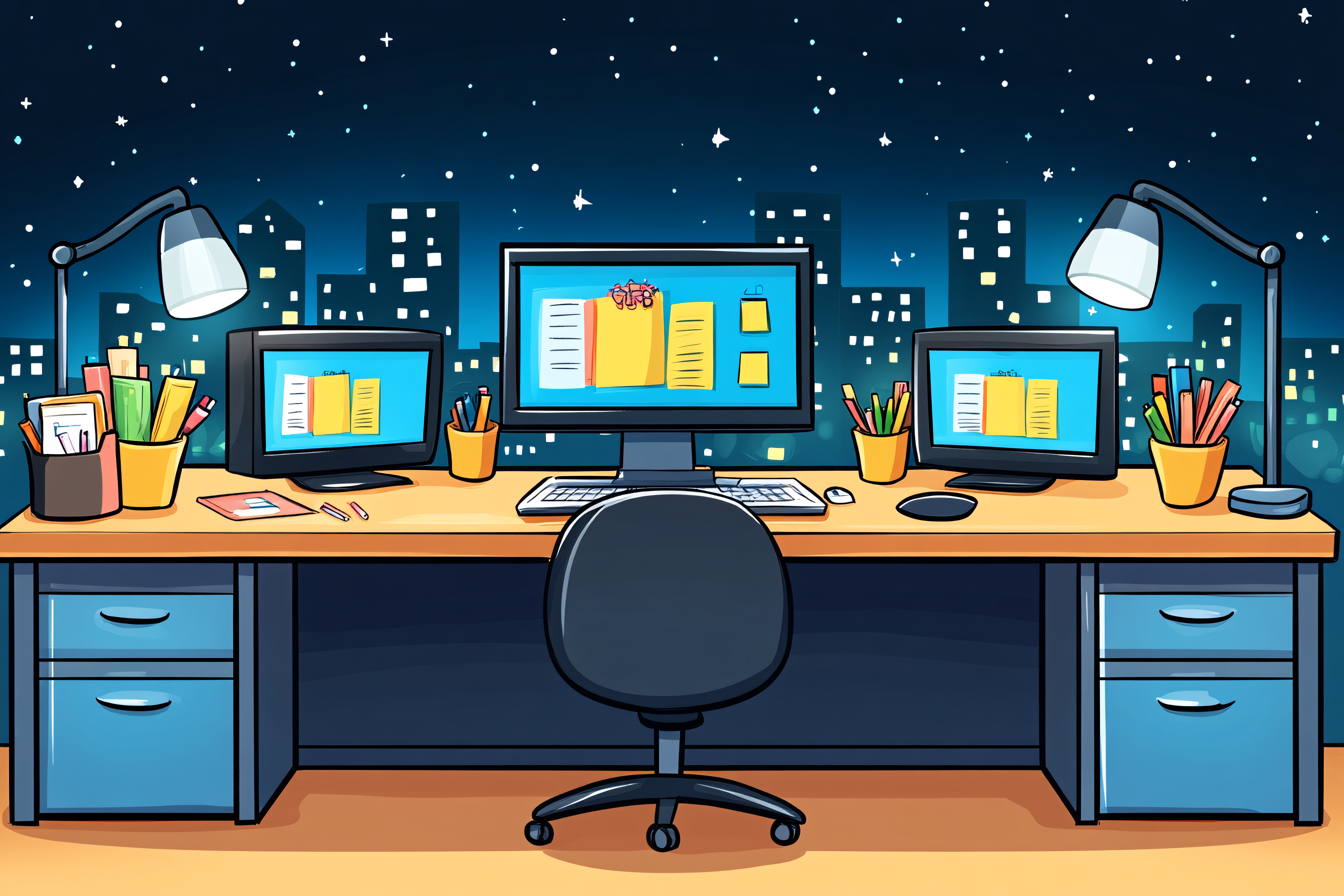 Nighttime Office Desk Setup