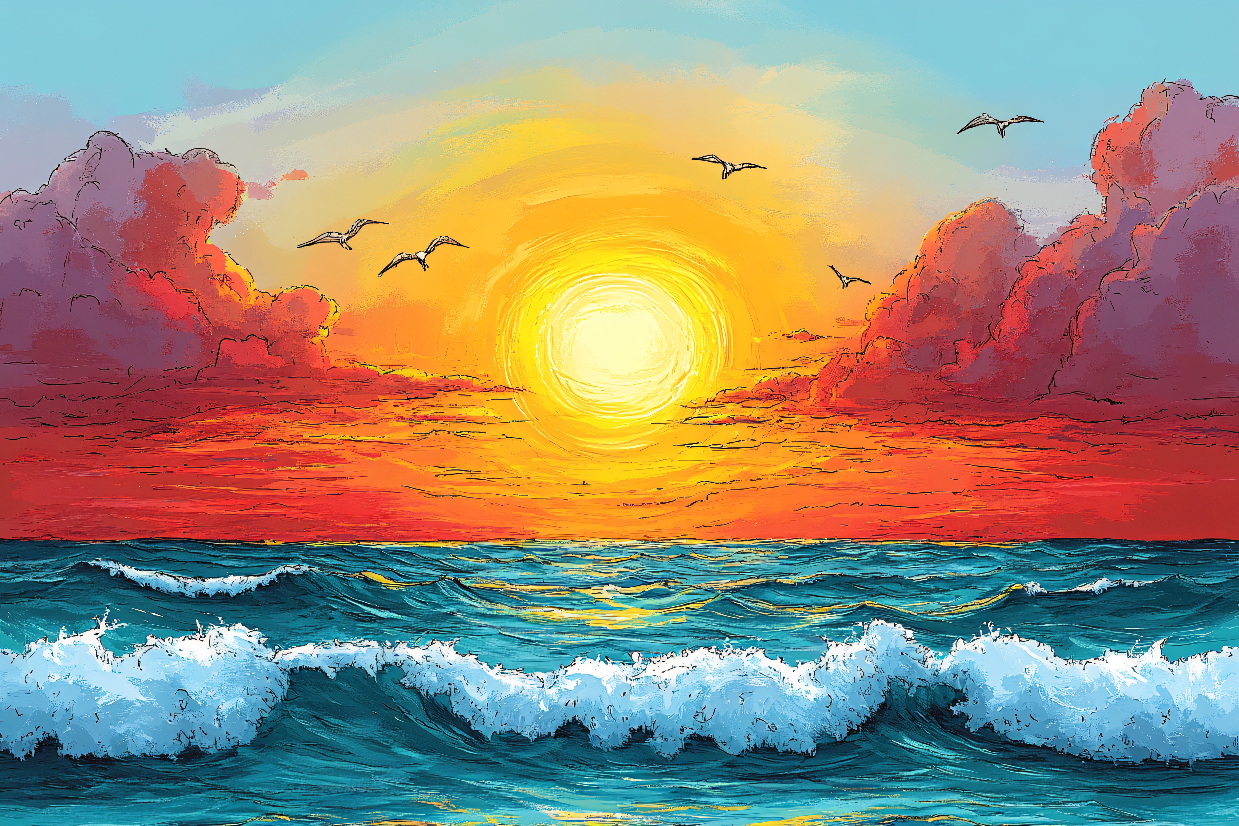 Ocean Sunset with Flying Seagulls