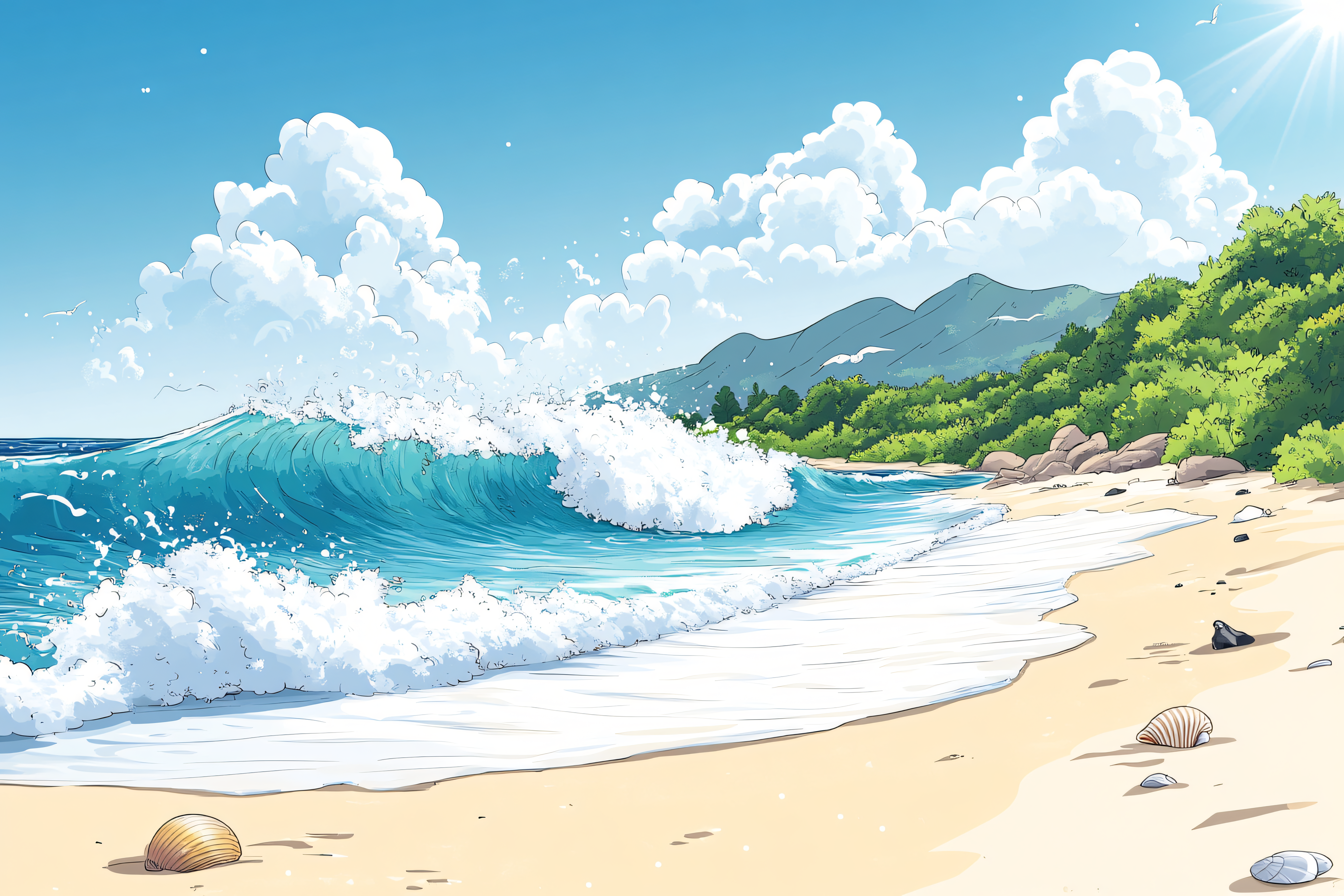 Ocean Wave Beach Scene