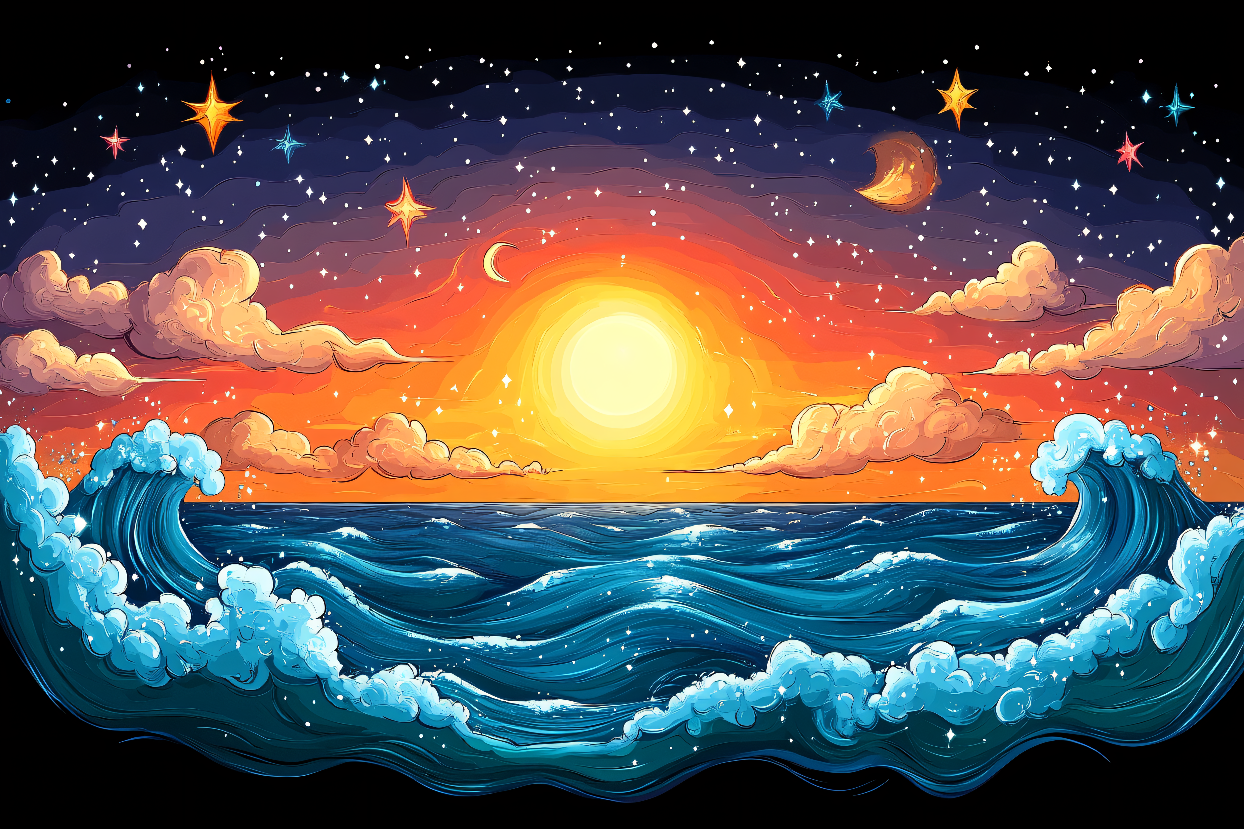 Ocean Waves At Sunset Under Starry Sky