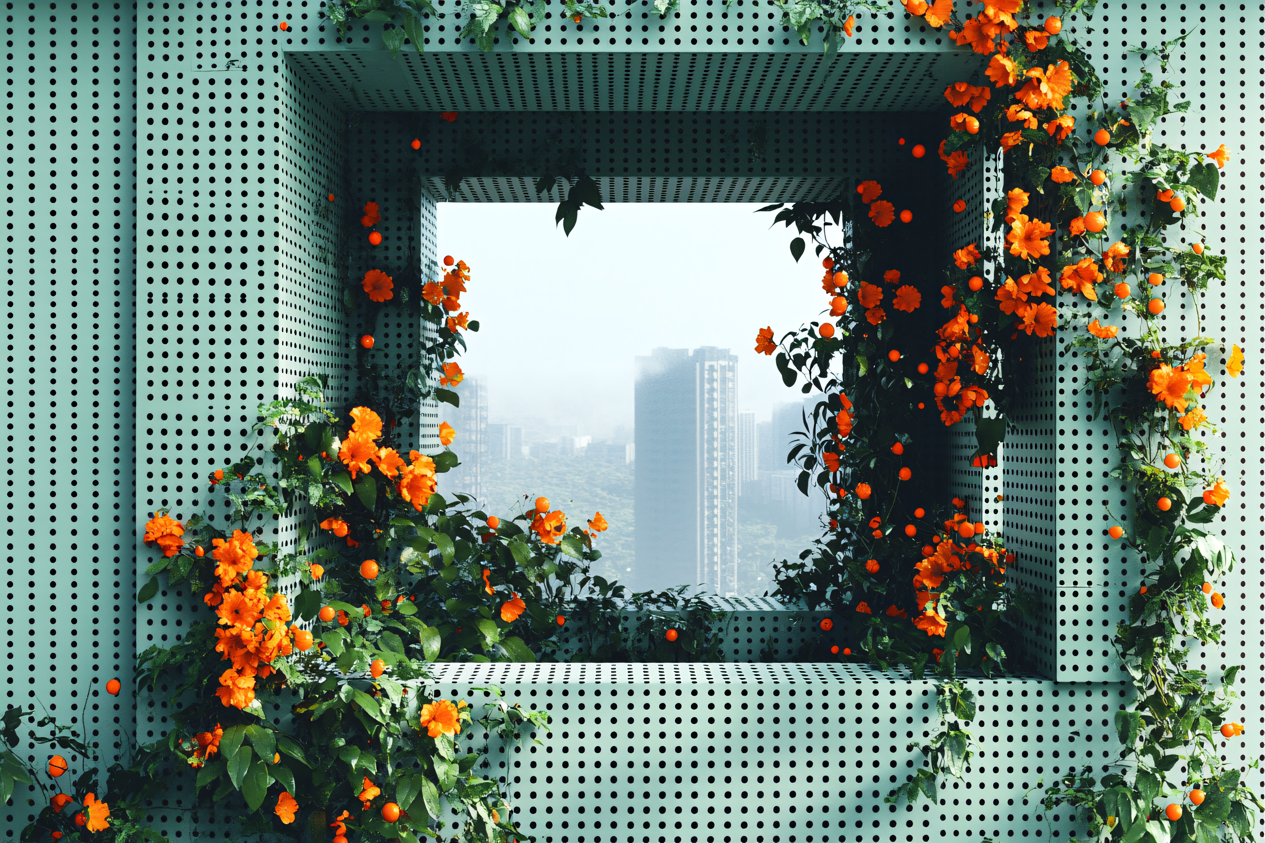 Orange Flowers on Perforated Turquoise Frame