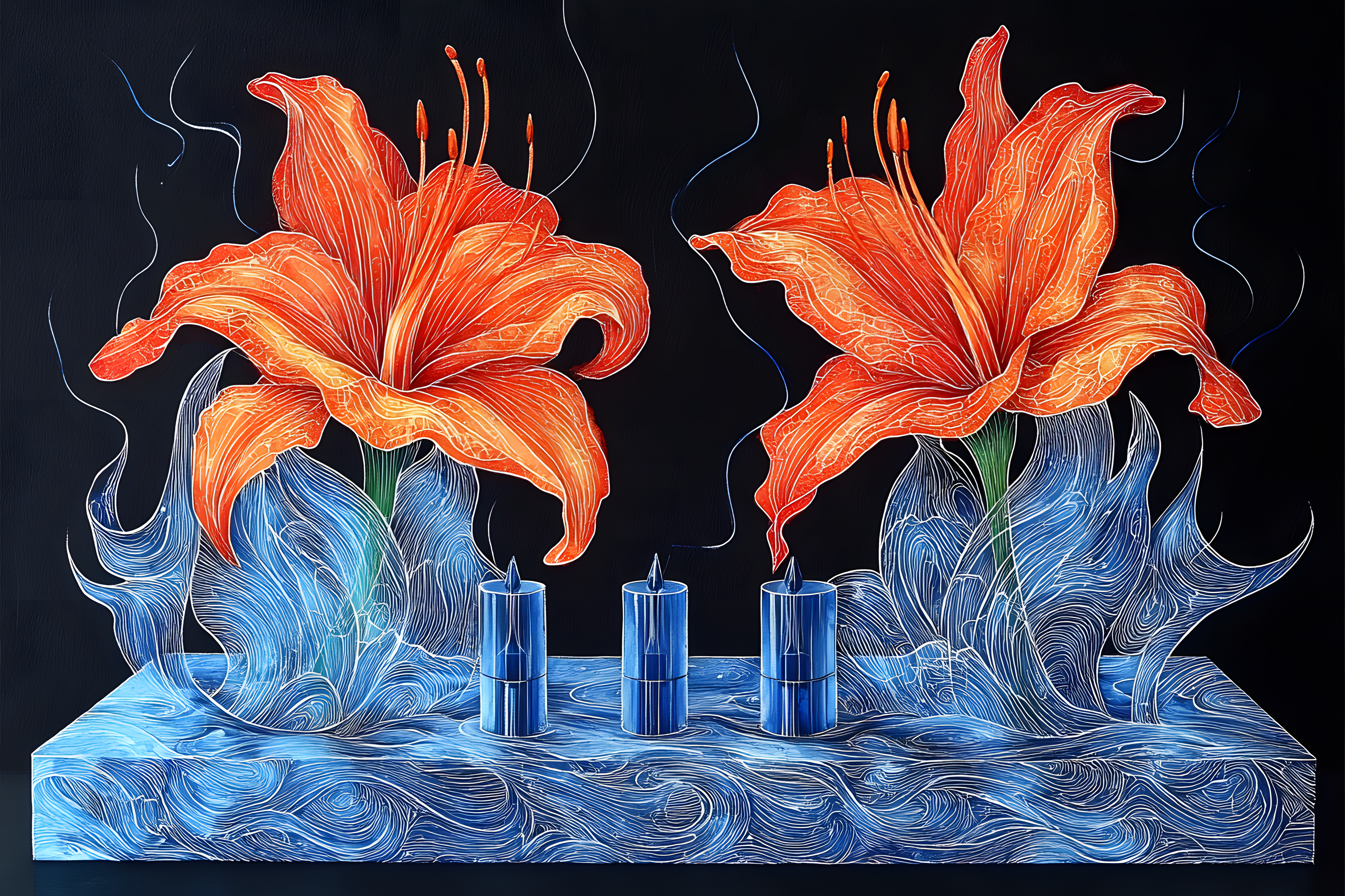 Orange Lilies and Blue Candles