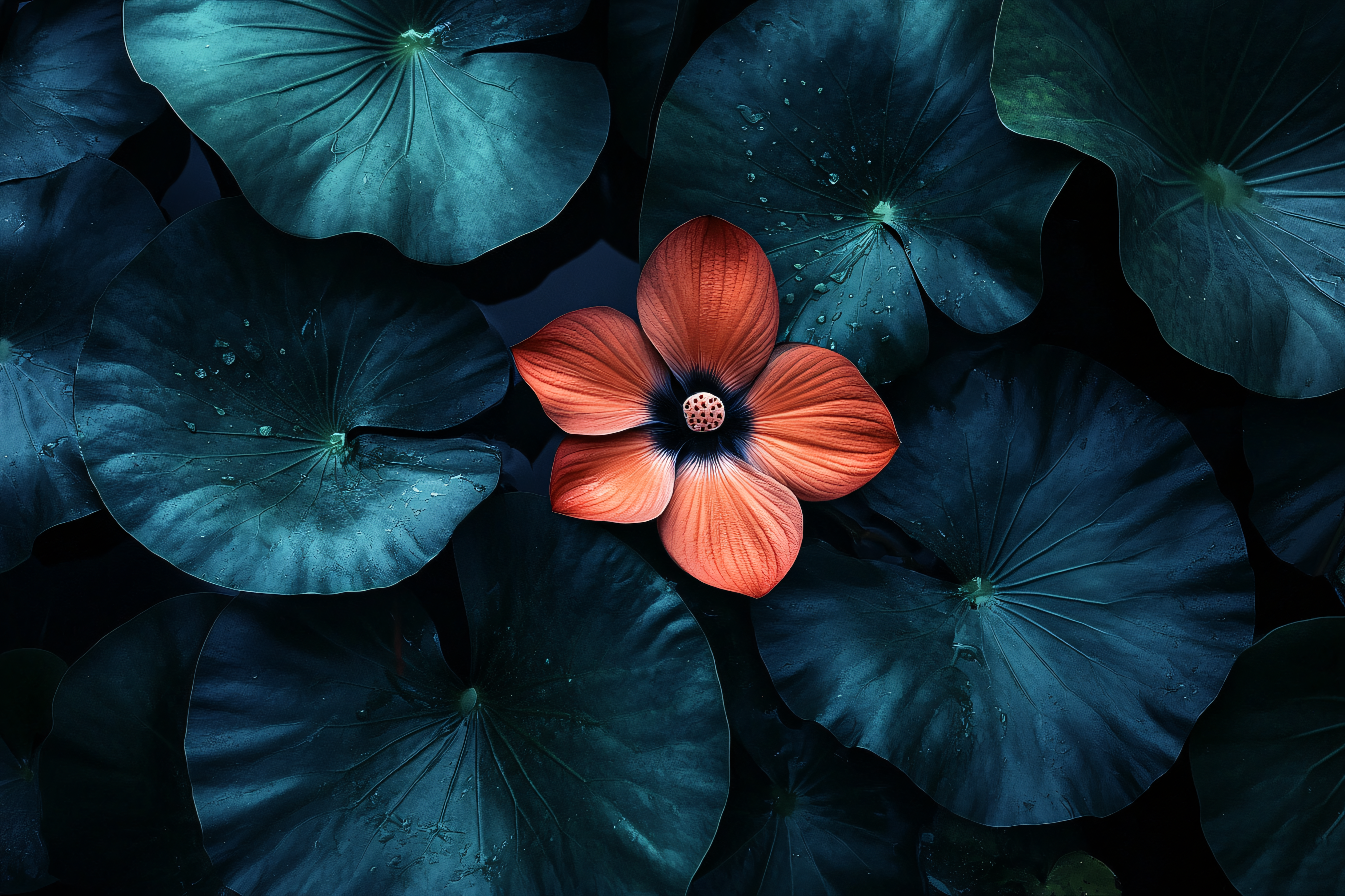 Orange Lotus Flower with Dark Lily Pads