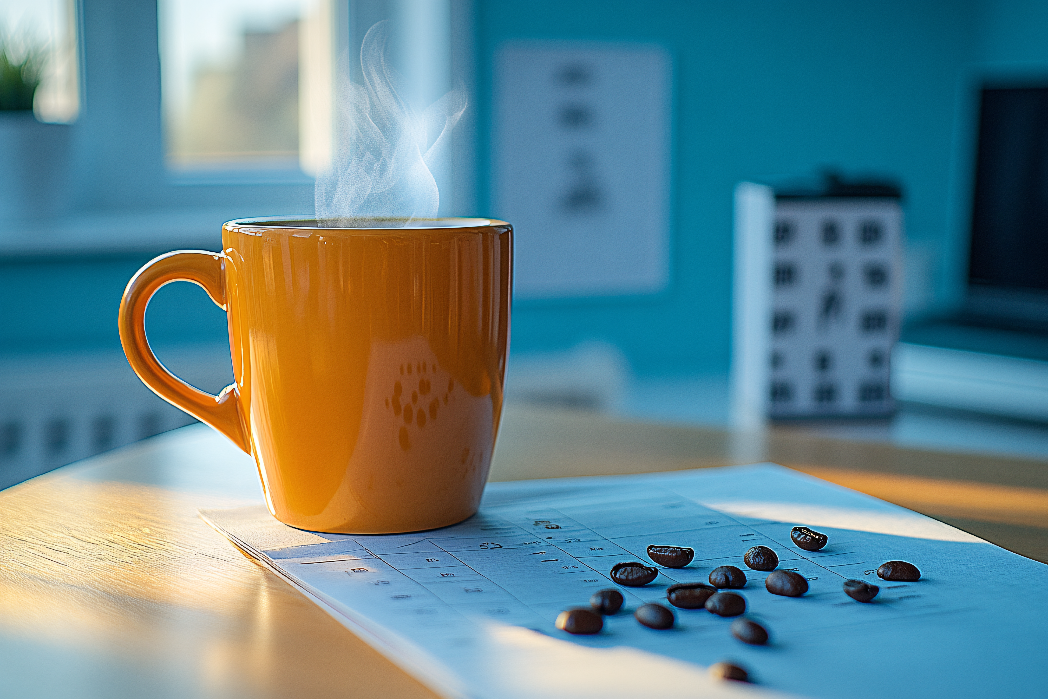 Orange Mug with Steaming Coffee and Coffee Beans
