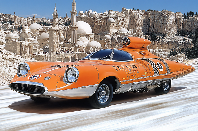 Orange Racing Car Against Ancient Cityscape