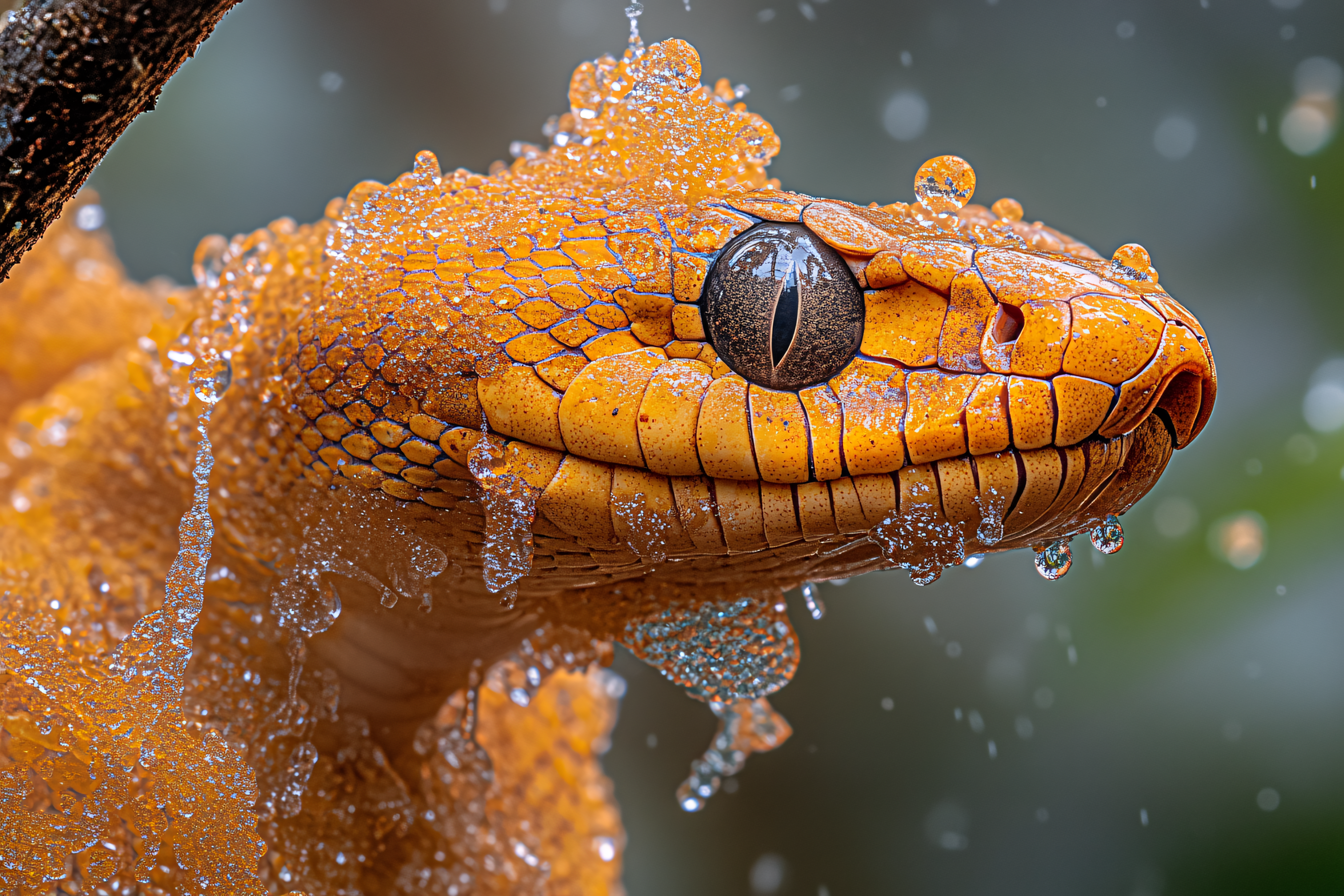 Orange Snake Head with Water Droplets
