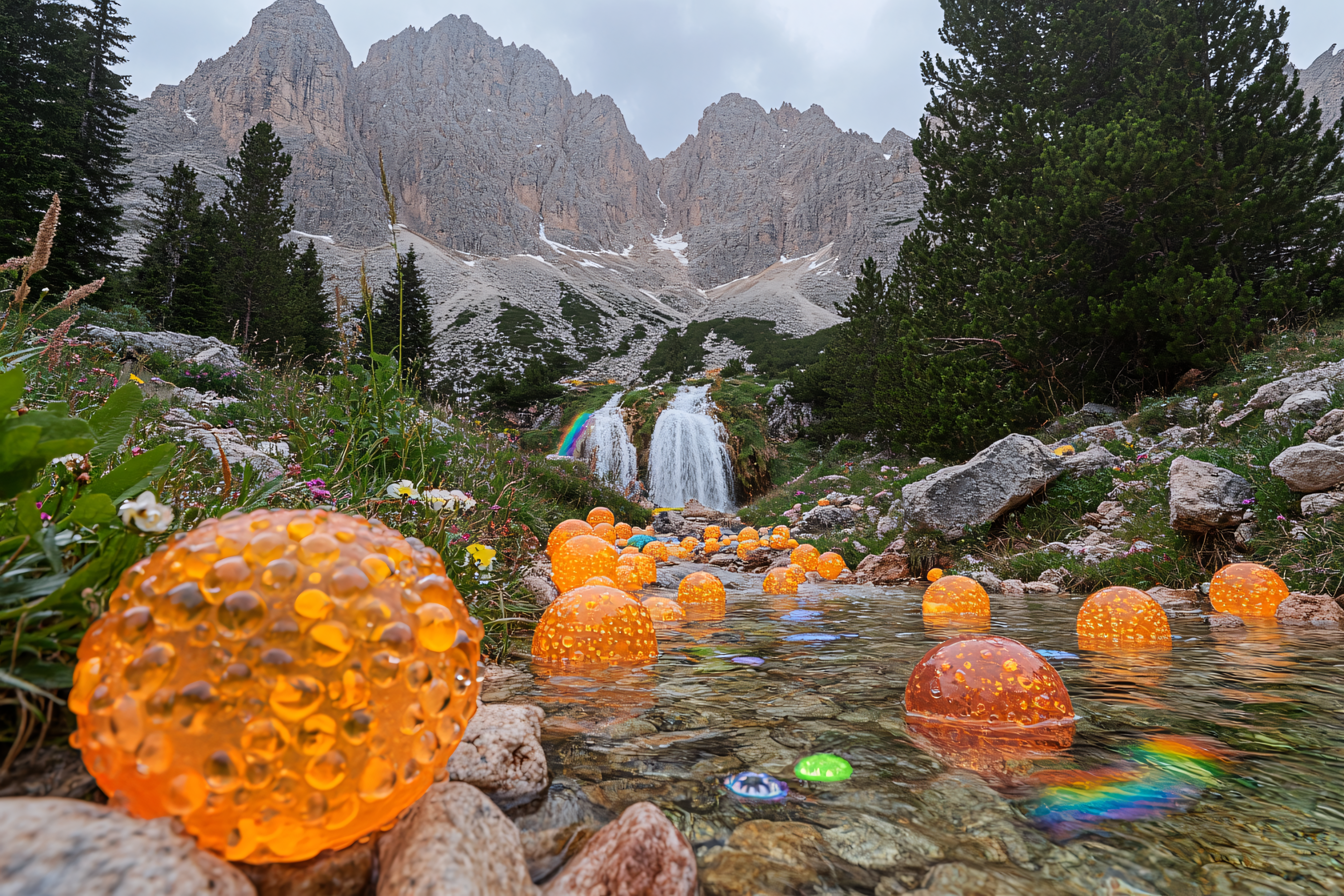 Orange Spheres In Mountain Stream